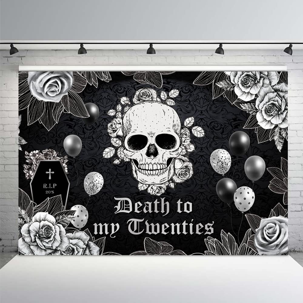 MEHOFOND 7x5ft Death to My Twenties Backdrop - Gothic Skull & Black Rose Decor for 30th Birthday Party, Funeral Theme, Photography Studio Props - Perfect for Cake Table Decorations, Dark Theme Celebrations & Social Media Photos