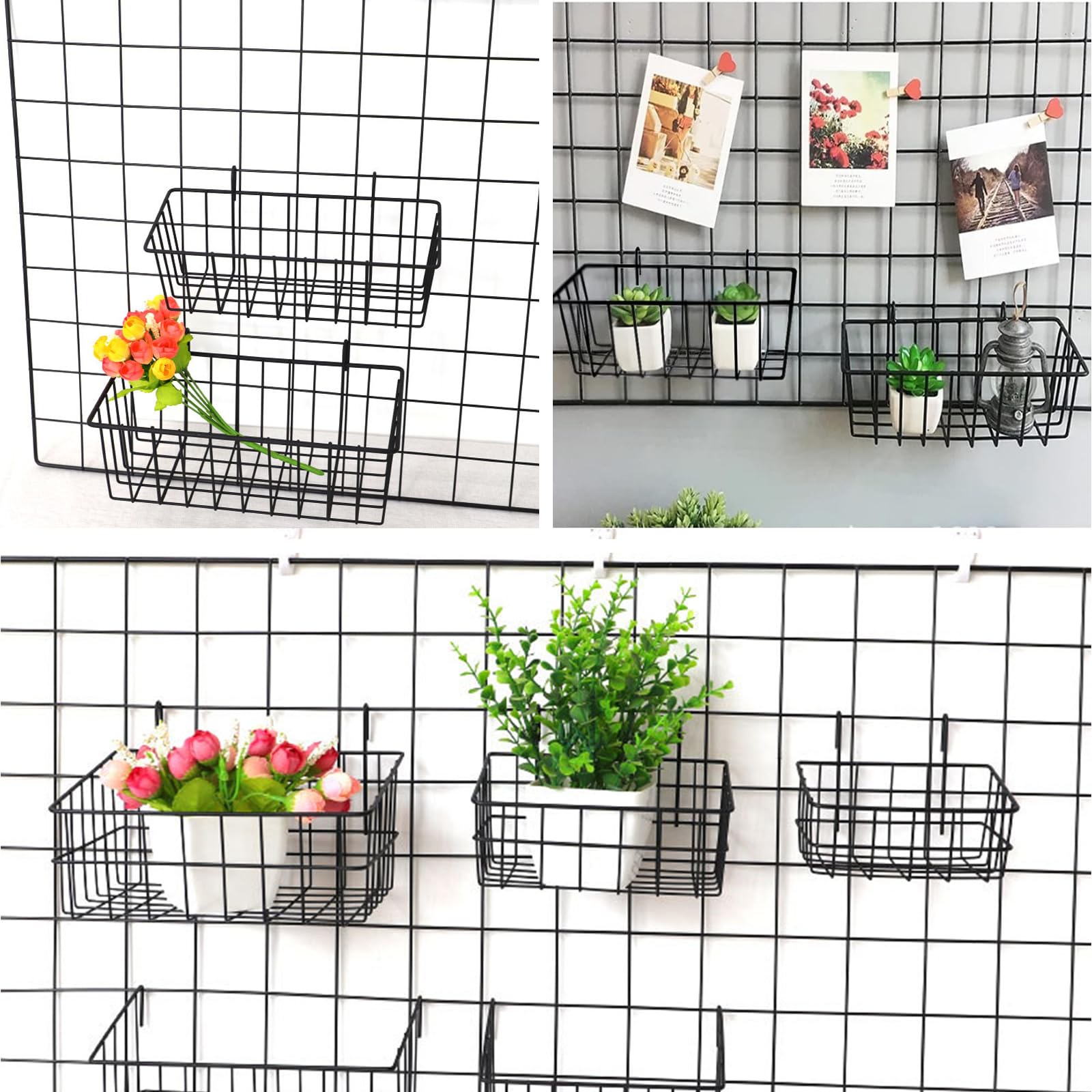 10 PCS Black Wall Grid Panel Hanging Wire Baskets - No Drilling Wall Mount Storage Organizer for Kitchen, Bathroom, Bedroom & Office Decor - Perfect for Spice Jars, Toiletries, Office Supplies & Home Organization