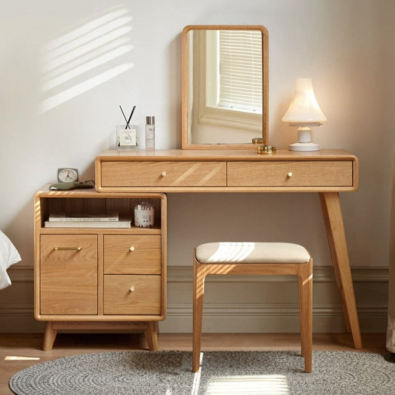Solid Oak Wood Extendable Vanity Dressing Table with Mirror - Perfect for Bedroom Makeup & Jewelry Storage