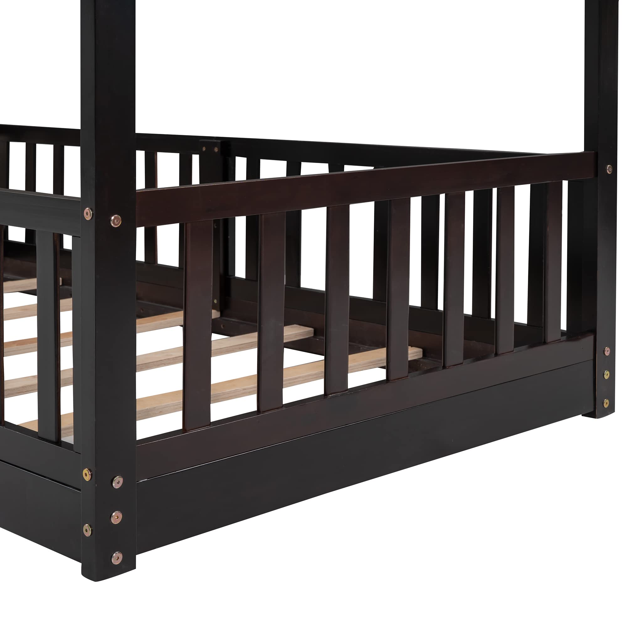Harper & Bright Designs Twin Over Twin Low Bunk Bed with Slide - Wooden Kids Bunk Bed with Ladder & Safety Guardrail - Space-Saving Bedroom Furniture for Boys & Girls (Espresso Finish) - Perfect for Small Rooms, Shared Kids' Bedrooms & Sleepovers