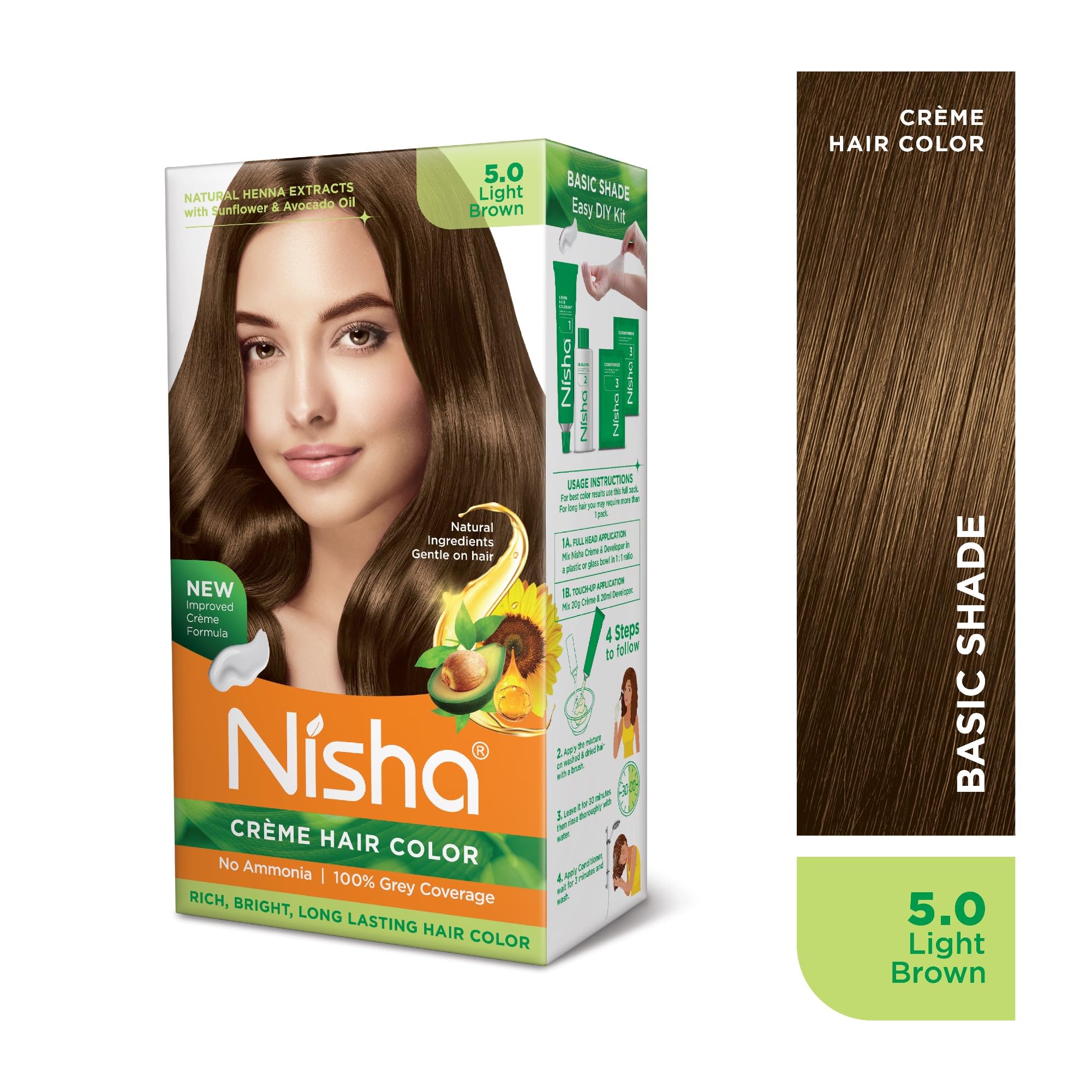 Nisha Creme Hair Color Light Brown 5.0 - Ammonia-Free Permanent Hair Dye for Women & Men with 100% Gray Coverage & Ultra Soft Shine | At-Home Hair Coloring for Natural-Looking Results