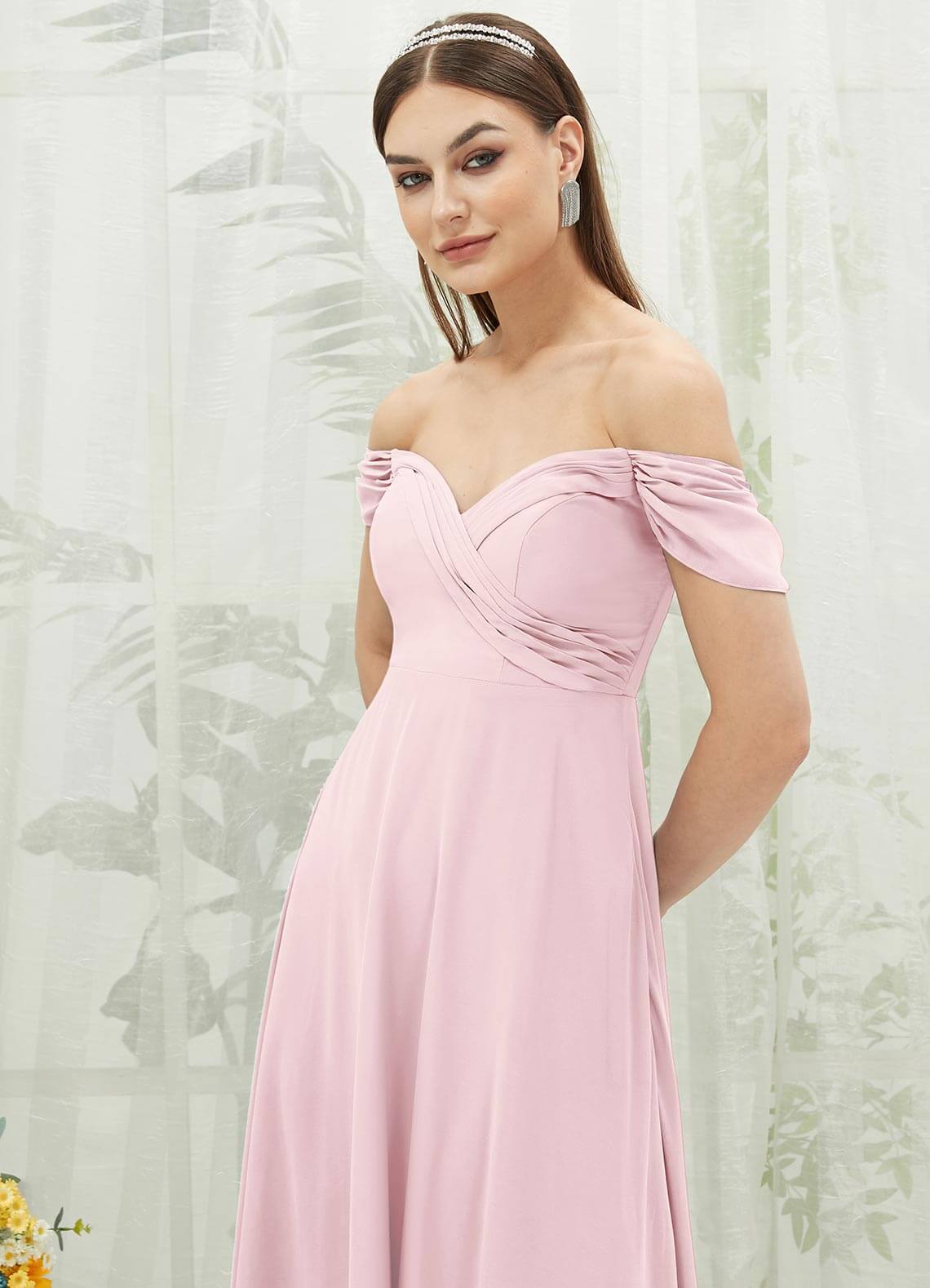 Elegant Blush Chiffon Cold Shoulder Sweetheart Bridesmaid Dress with Pockets - Perfect for Weddings, Proms & Formal Events