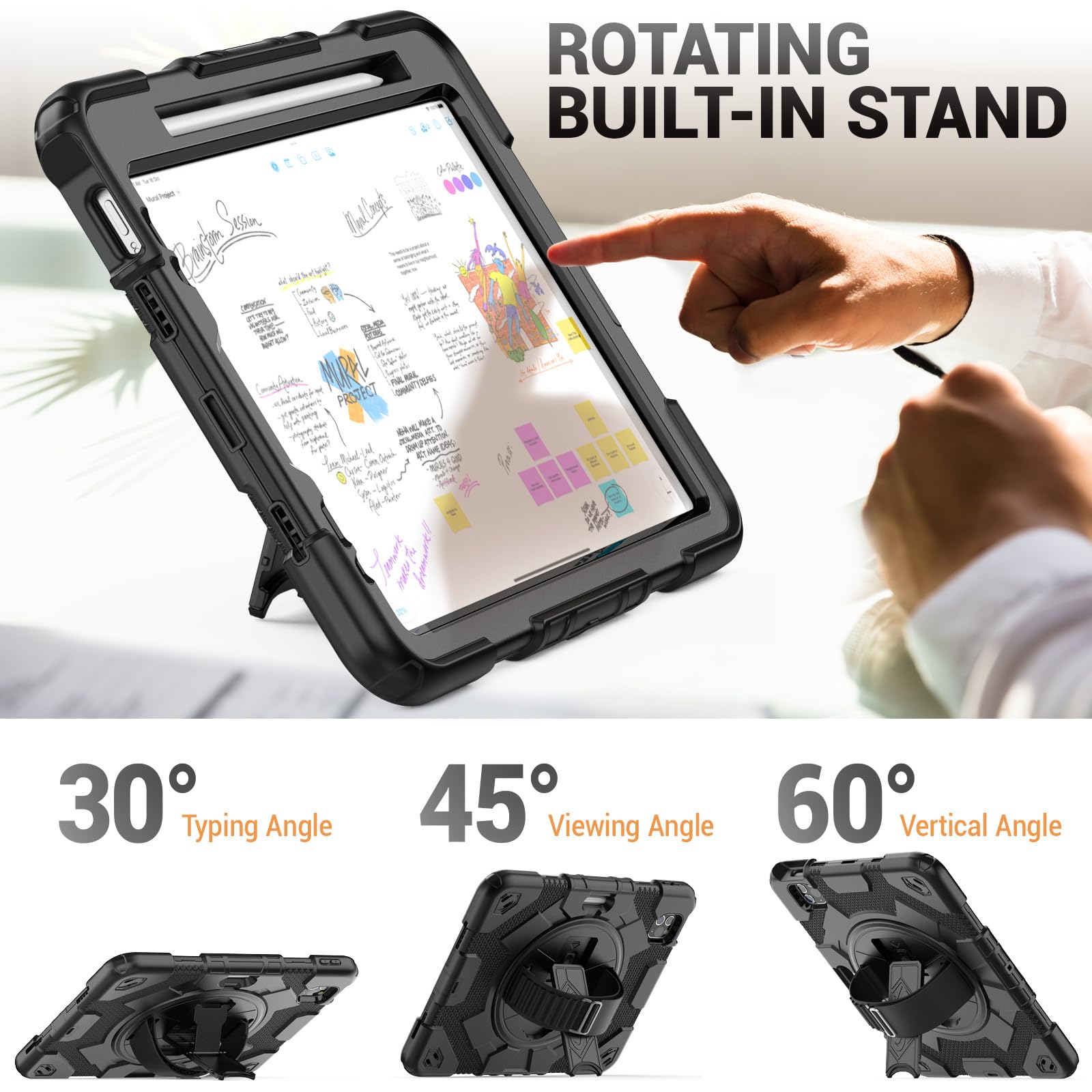 HXCASEAC Protective Case for iPad Pro 11 Inch (1st/2nd/3rd/4th Gen) - Shockproof Kids Cover with Built-in Screen Protector, Apple Pencil Holder & Adjustable Hand/Shoulder Strap - Compatible with iPad Pro 11 2018/2020/2021/2022 Models (Black) | Perfect for School, Travel & Outdoor Activities