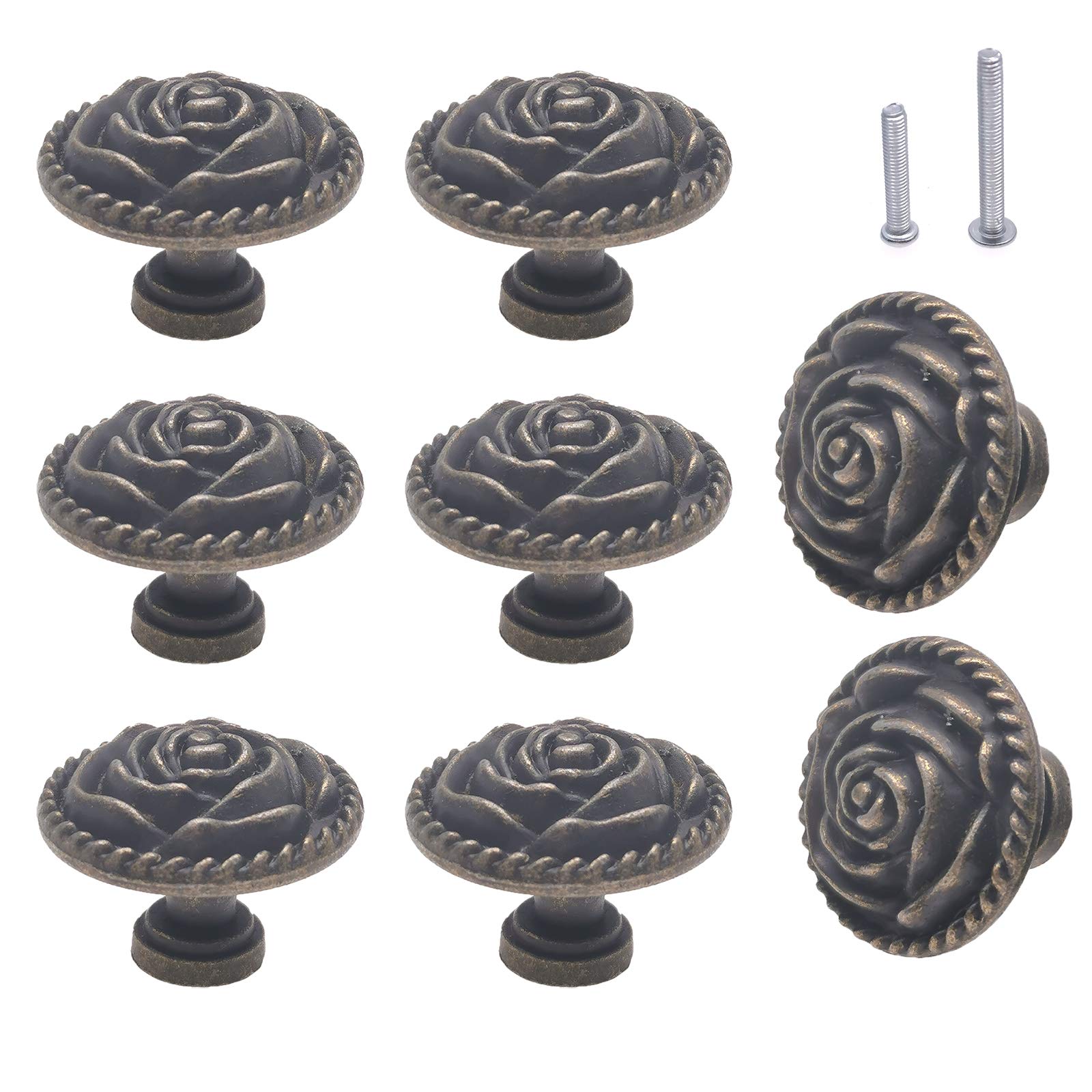 Vintage Rose Dresser Knobs - Antique Bronze Cabinet Knobs and Pulls 8 Pack - Elegant Hardware for Bedroom Dressers, Kitchen Cabinets & DIY Furniture Upgrades