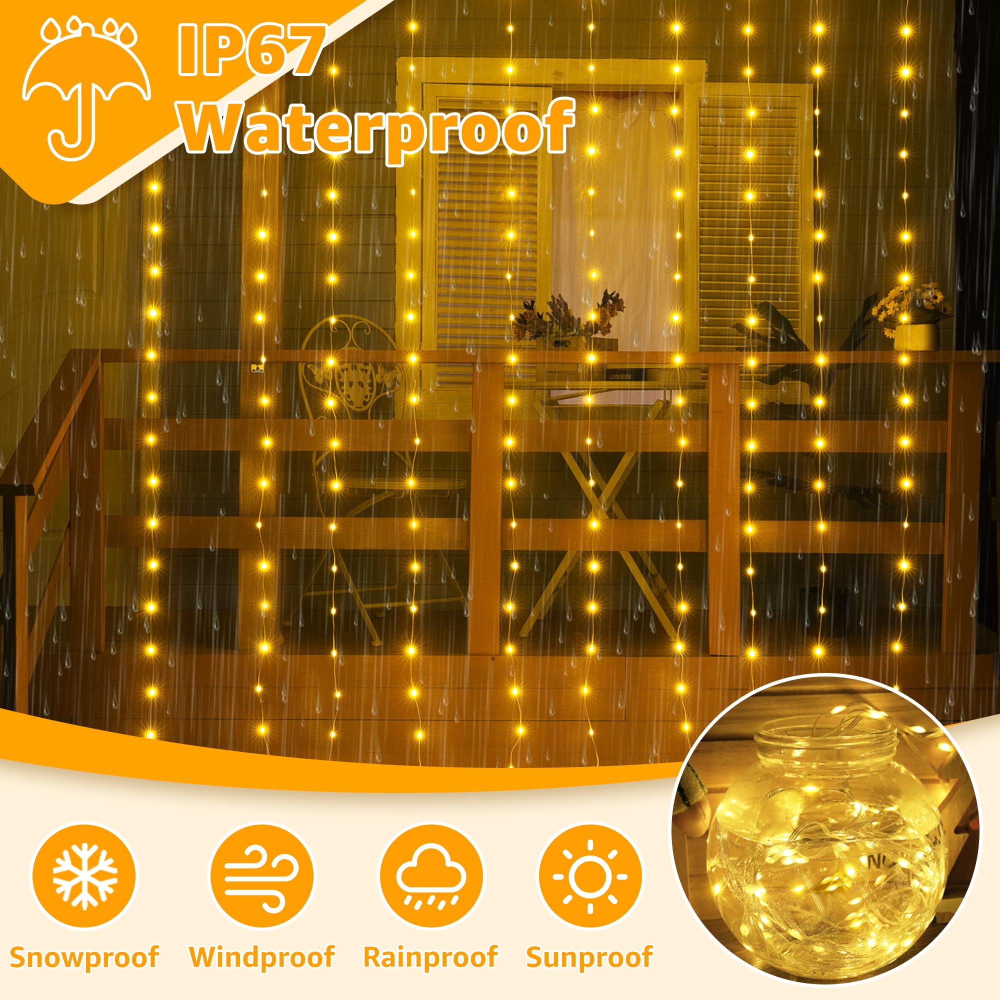 Ollny 300LED Connectable Waterproof Outdoor Curtain String Lights - 9.8ft x 9.8ft Fairy Lights with Remote, 8 Modes & 3 Timers for Wall Backdrop Decor (Warm White) | Perfect for Weddings, Parties, Garden, Patio, and Holiday Lighting