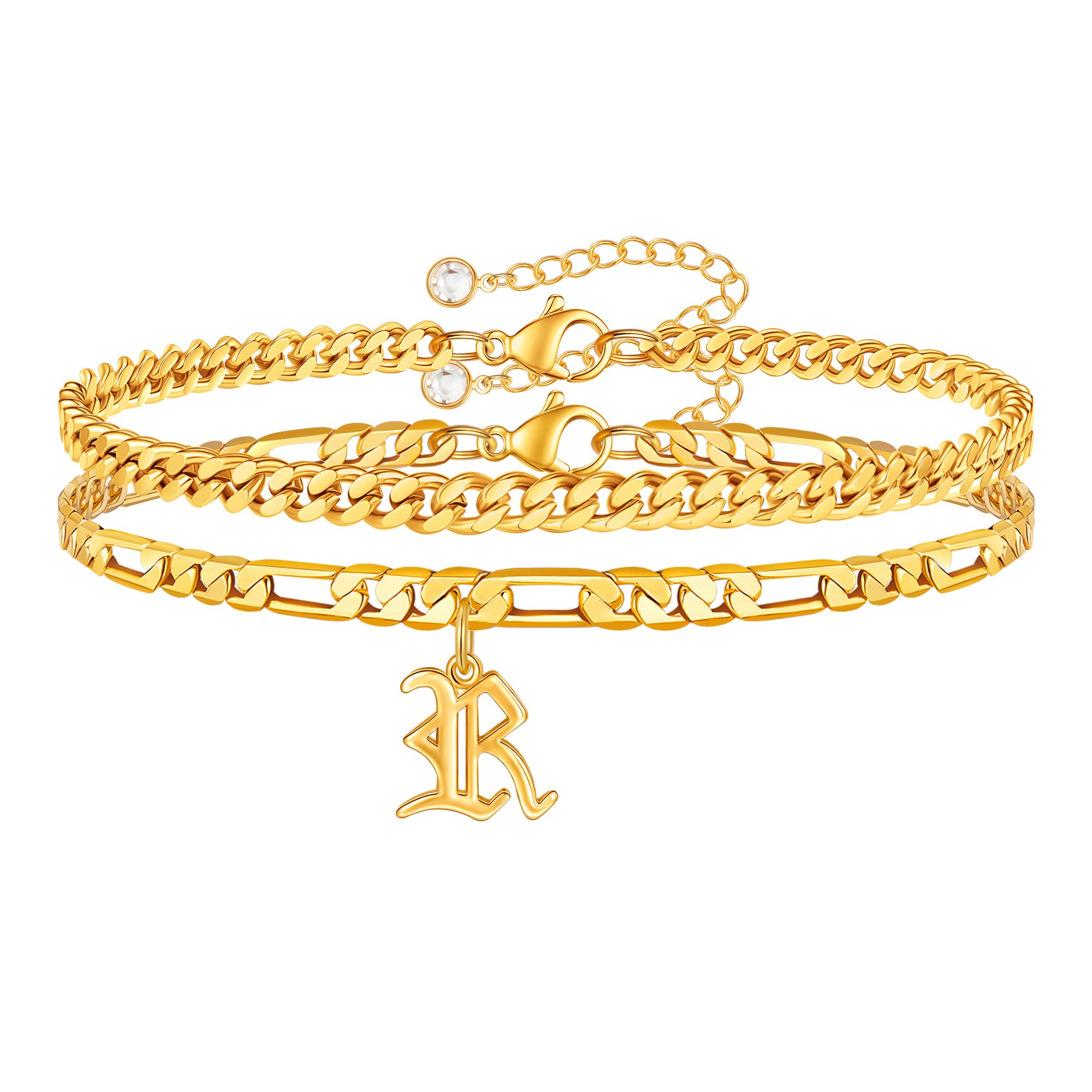 14K Gold Plated Ankle Bracelets for Women - Layered Cuban Link & Old English Initial Anklets, Elegant Foot Jewelry for Everyday Wear, Beach Vacation & Special Occasions
