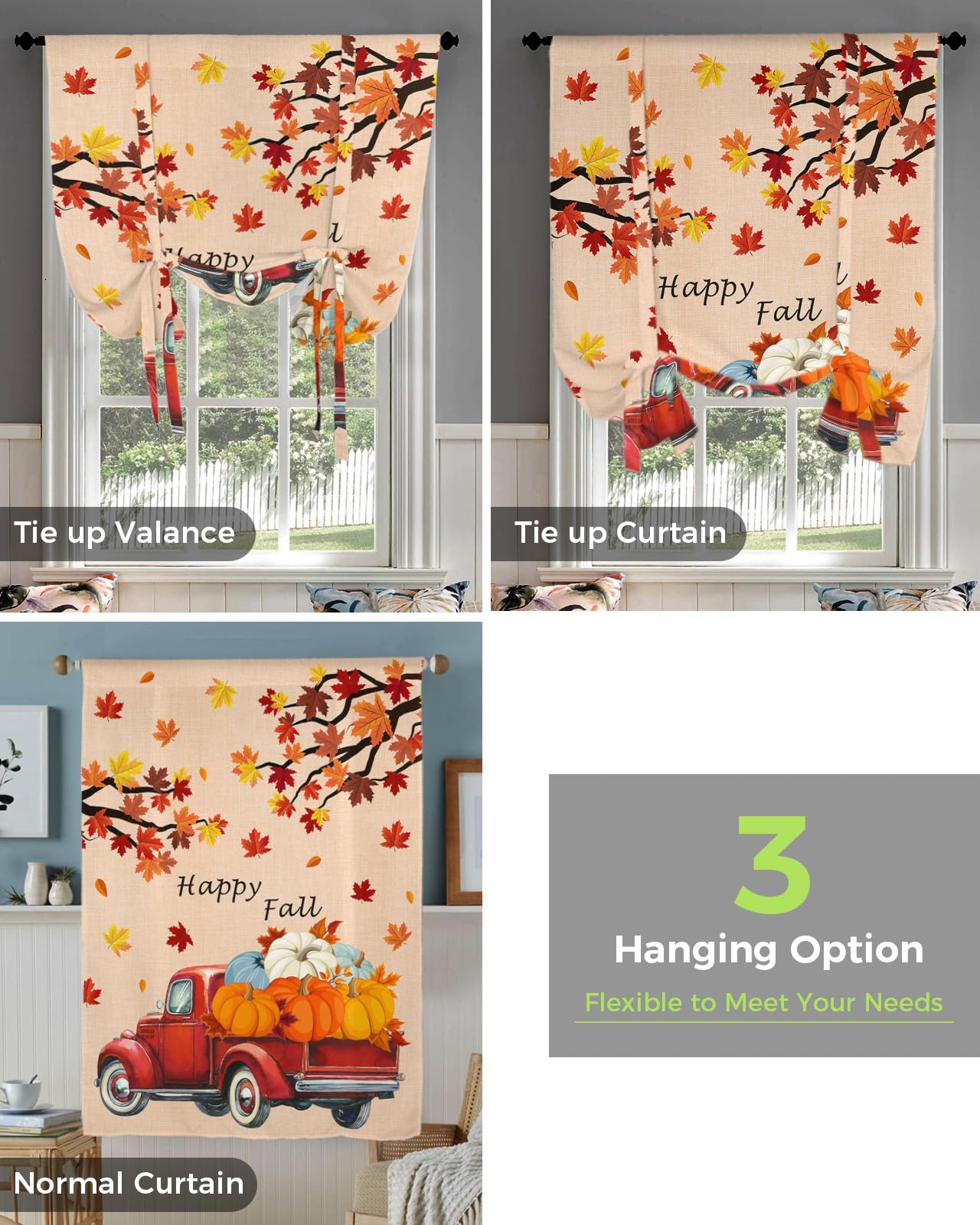 Harvest Pumpkin Tie-Up Curtains for Windows - Autumn Kitchen Curtains with Adjustable Balloon Shades, Fall Maple Leaf Valances for Small Windows (42x63 inches) - Perfect for Truck, Bathroom, Living Room & Seasonal Home Decor