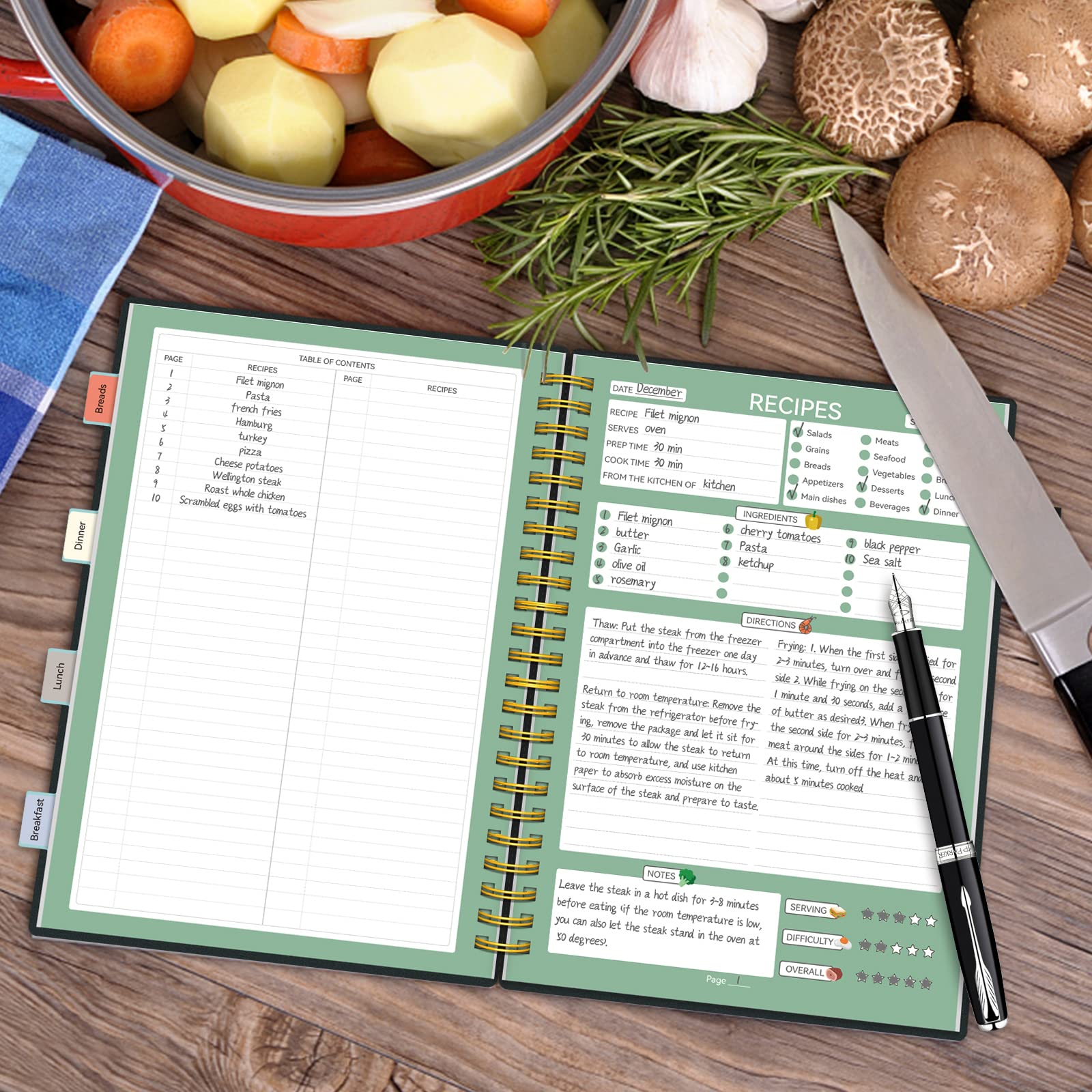 ALLTREE Spiral Recipe Notebook - 120 Pages with 15 Tabs for Organizing Family Recipes, 5.5