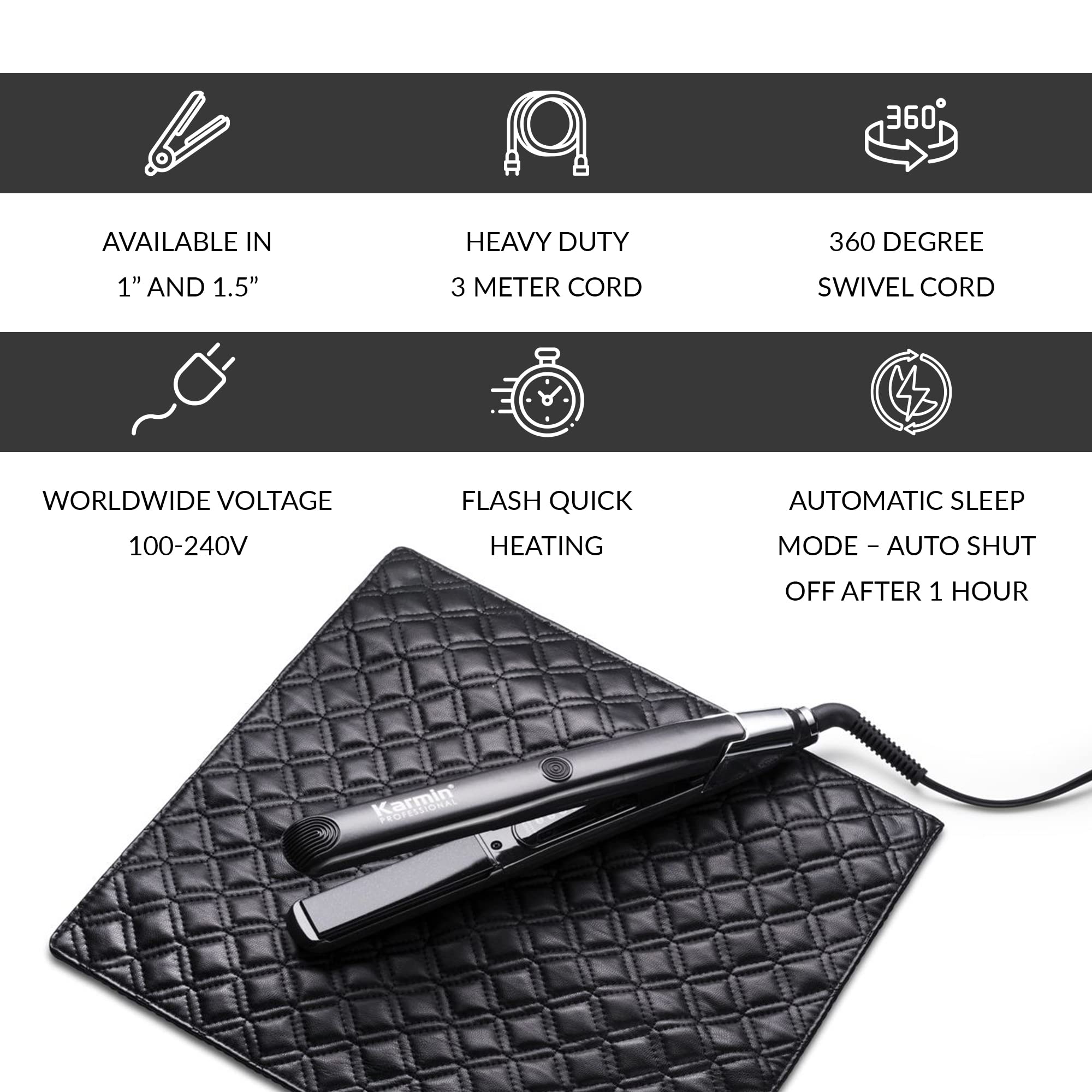 KARMIN Salon Series 1-inch Professional Ceramic Flat Iron Hair Straightener - Ionic Hair Straightener for Straightening, Curling & Waving - Dual Voltage with Auto Shut Off - Includes Travel Case & Heat Mat (Black) - Perfect for Home Use, Travel & Salon Styling