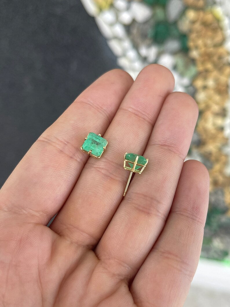 3.99tcw 14K Gold Asscher Cut 4-Prong Medium Green Emerald Stud Earrings for Men & Women | Perfect for Weddings, Parties & Everyday Wear