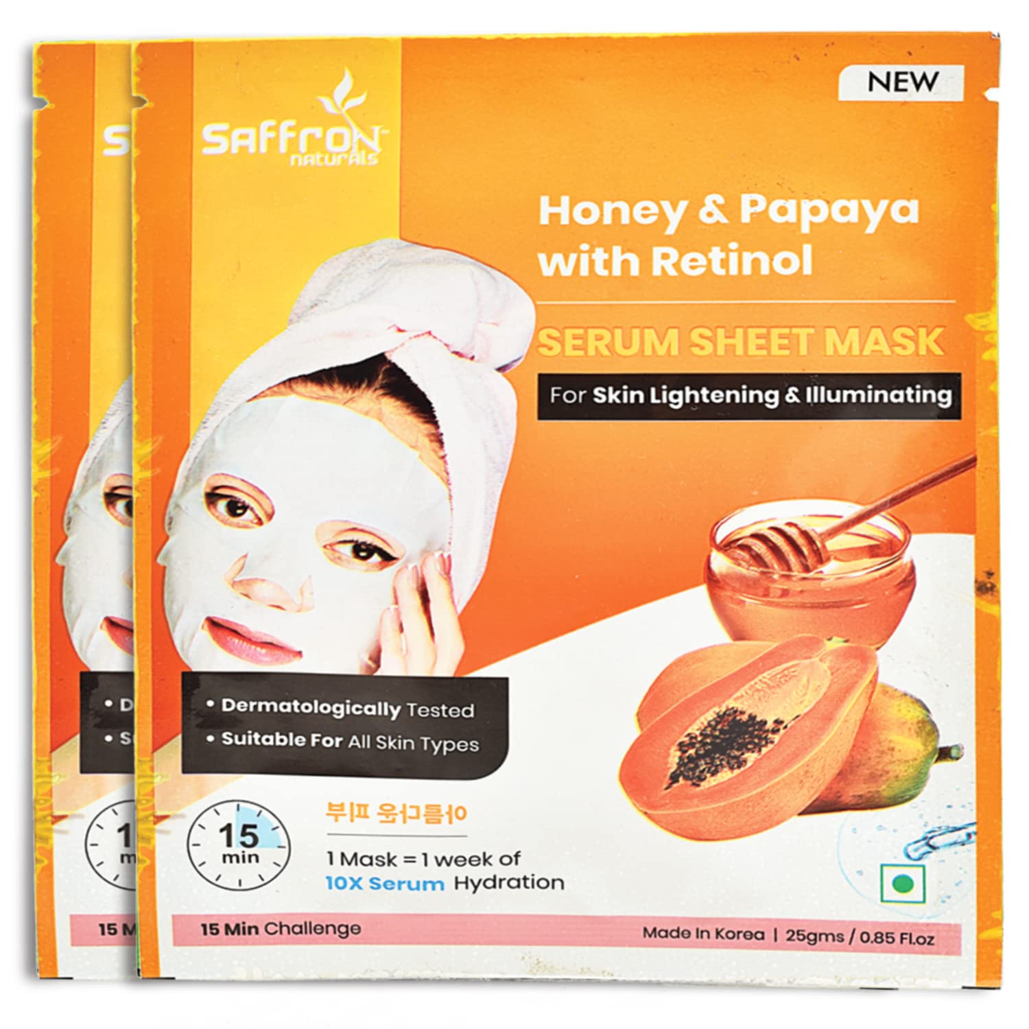 **Retinol Face Sheet Mask with Saffron, Honey & Papaya - Skin Brightening & Illuminating Treatment (Set of 2, 50g) | Hydrating & Glow-Boosting for Dry & Dull Skin**