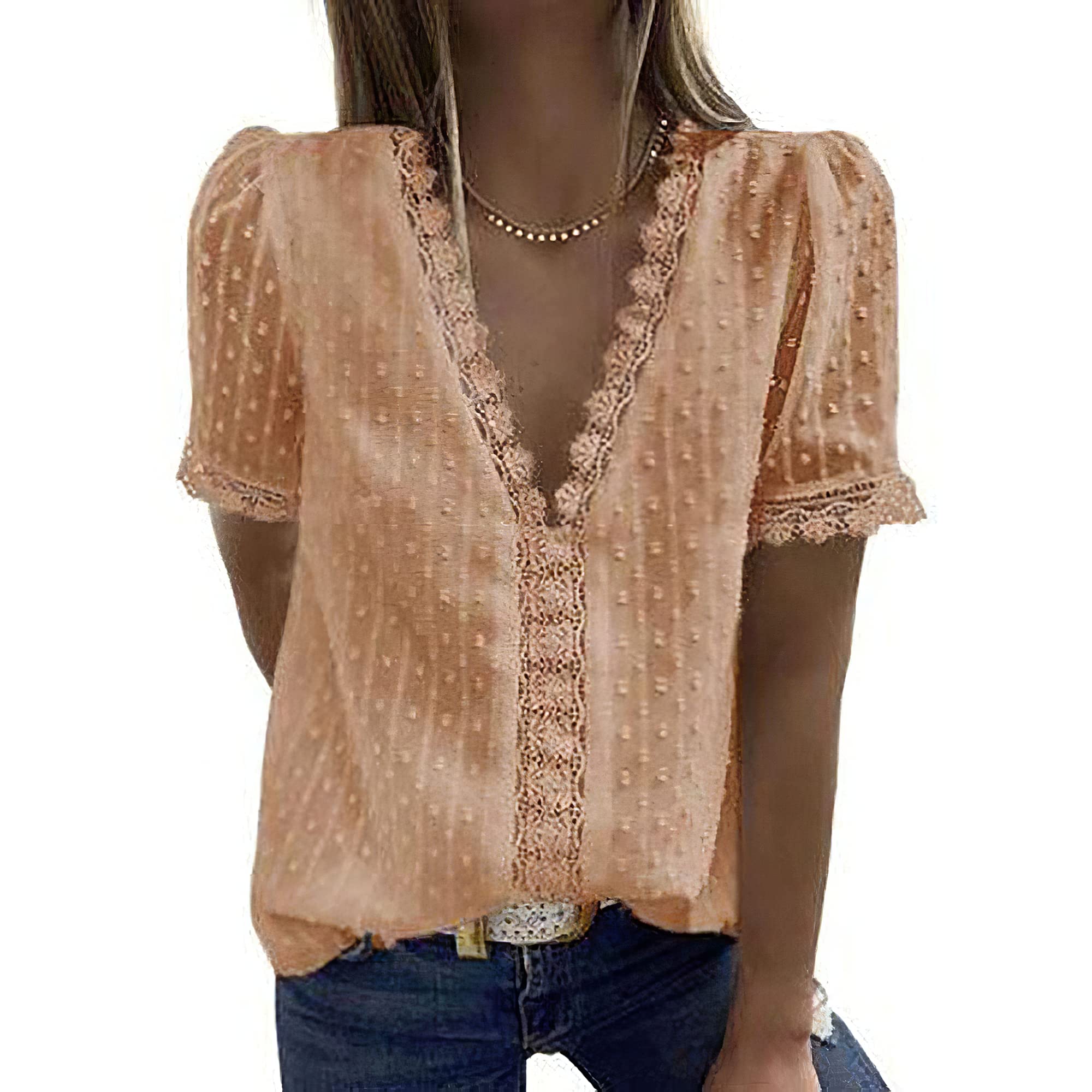 Women's V Neck Lace Crochet Flowy Casual Blouse - Short Sleeve Vintage Elegant Tunic Top for Summer, Beach, and Boho Chic Outfits