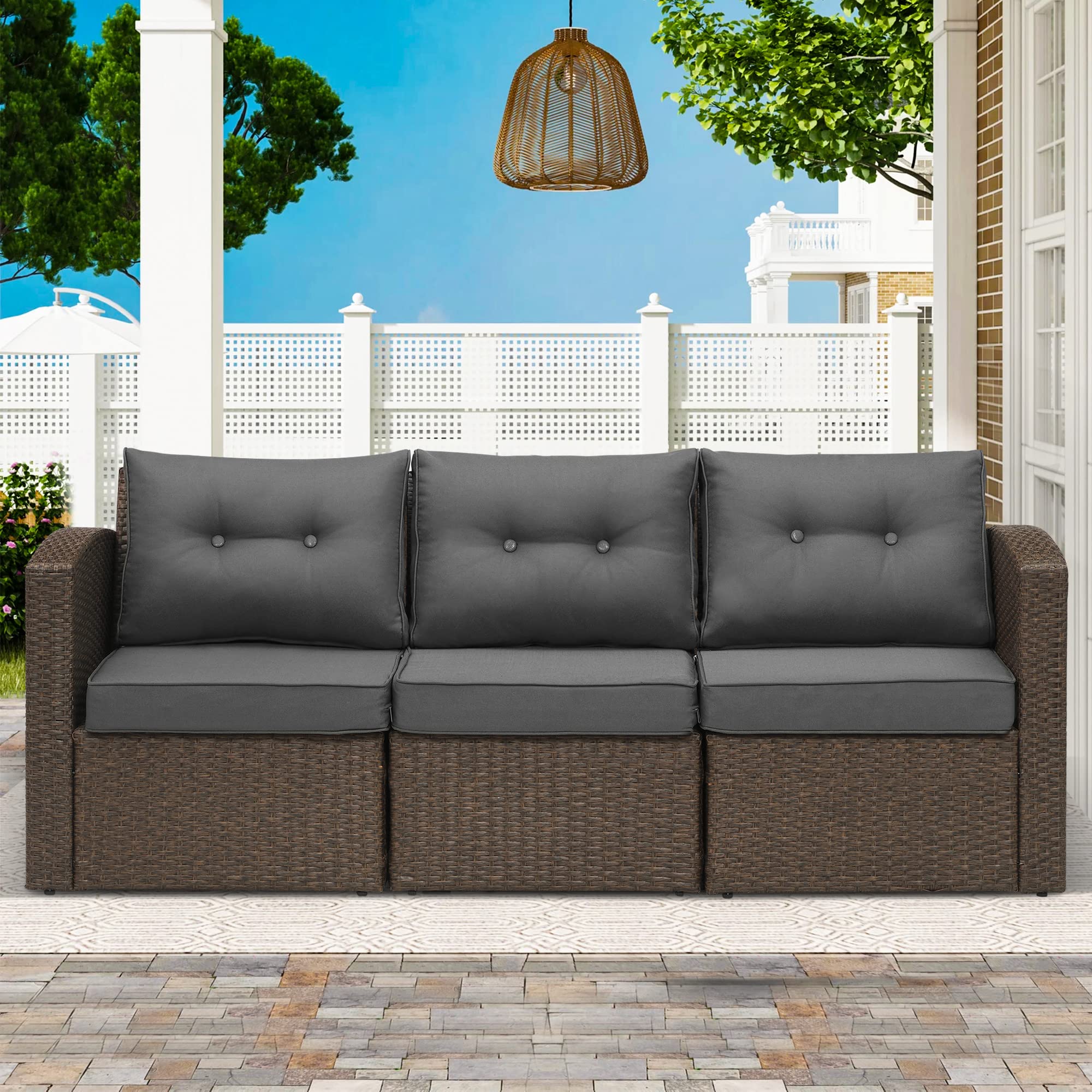 3-Piece Outdoor Patio Sofa Set - Brown PE Rattan Wicker Furniture with Dark Gray Cushions & Durable Aluminum Frame - Perfect for Garden, Poolside, and Backyard Relaxation