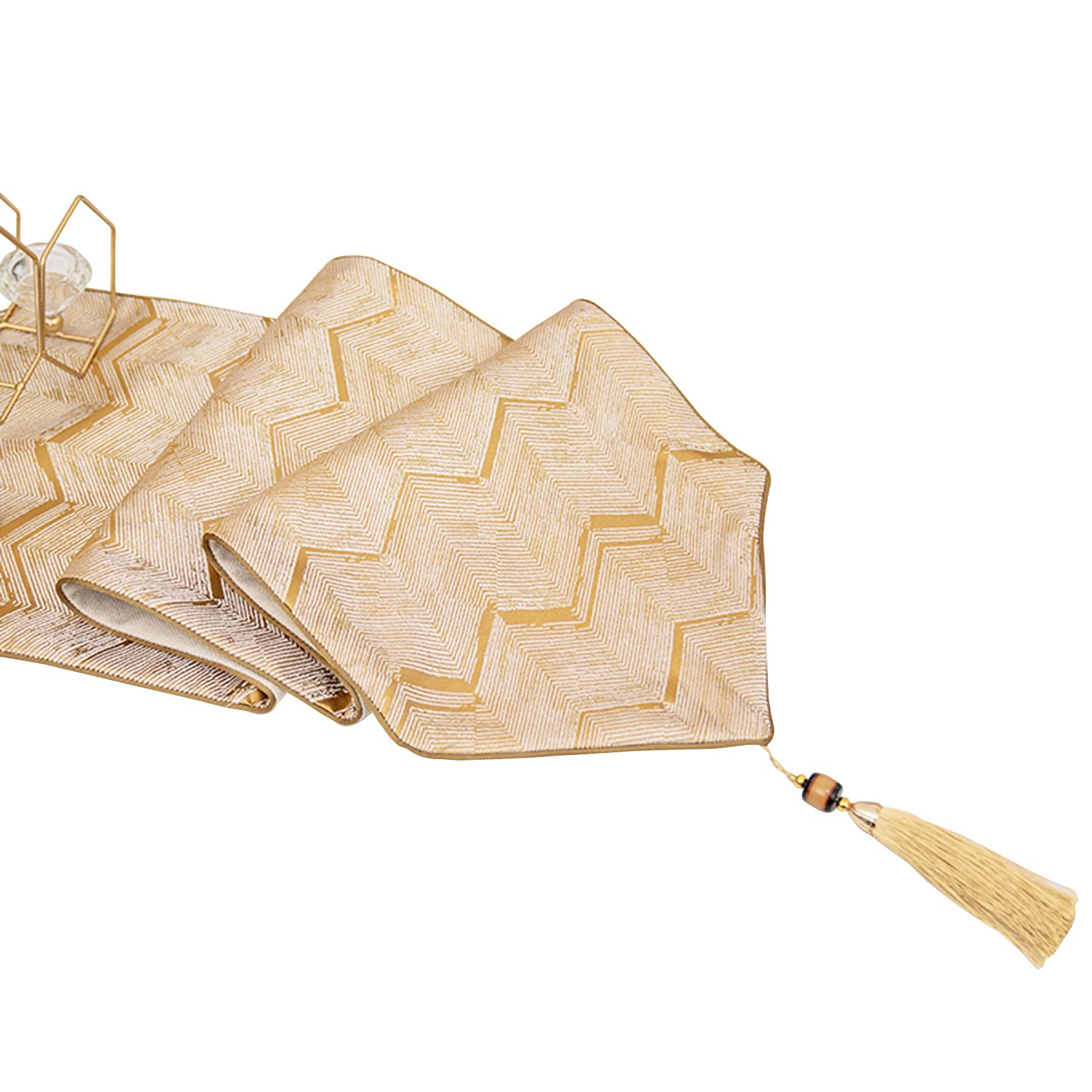 Farmhouse Table Runner - Small V Pattern Jacquard Sequence with Crystal Tassel - 33x180cm (13x71 Inch) Gold Dining Table Decor for Wedding, Party, Coffee Table - Indoor & Outdoor Use - Perfect for Rustic, Boho and Vintage Home Decor