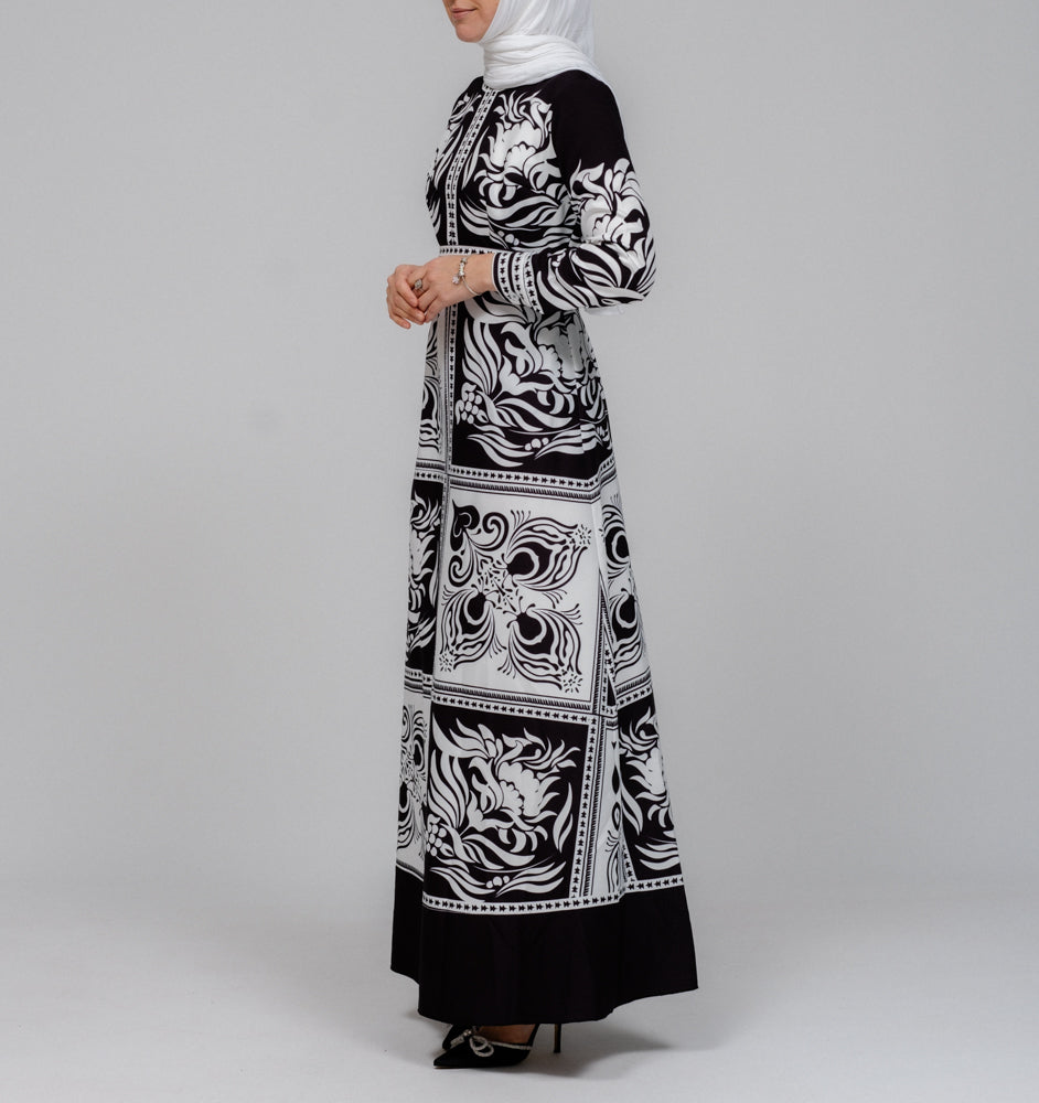 Zubeyde Black and White Monochrome Scarf Print Maxi Dress with Detachable Belt - Elegant Flowy Long Dress for Women, Perfect for Parties, Weddings & Special Occasions