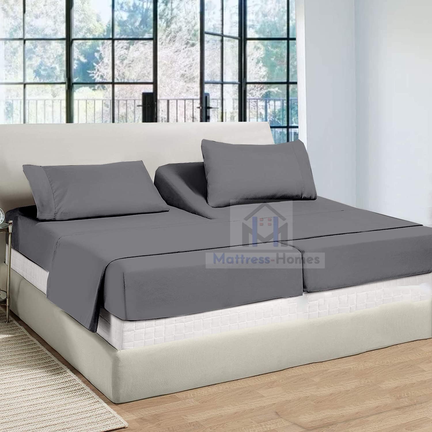5-Piece Split King Sheet Set - 600 Thread Count 100% Long Staple Cotton for Adjustable Beds | Ultra Soft & Breathable | Dark Grey Solid Color | Perfect for Adjustable Bed Frames, Master Bedrooms & Luxury Sleep