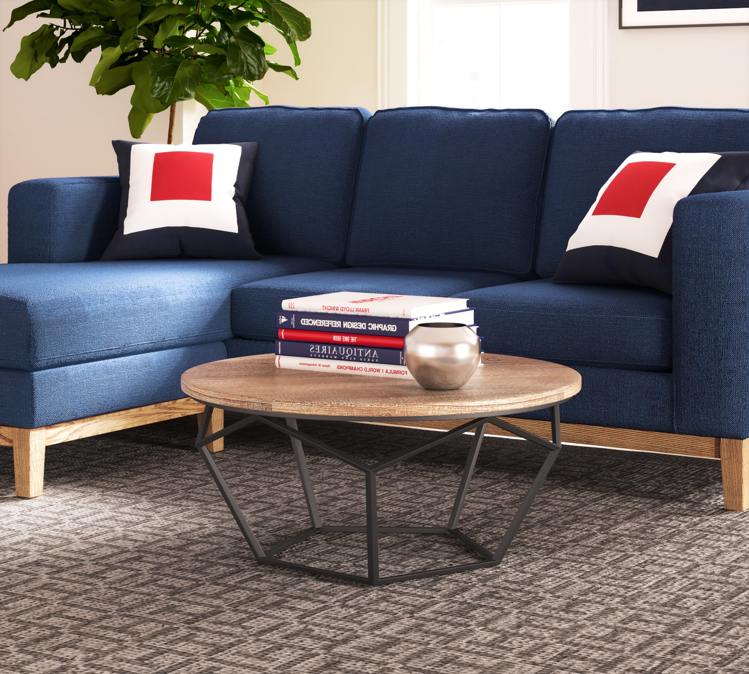 Tommy Hilfiger Avalon Round Coffee Table - Distressed Wood Finish - Modern Farmhouse Living Room Furniture for Home Decor
