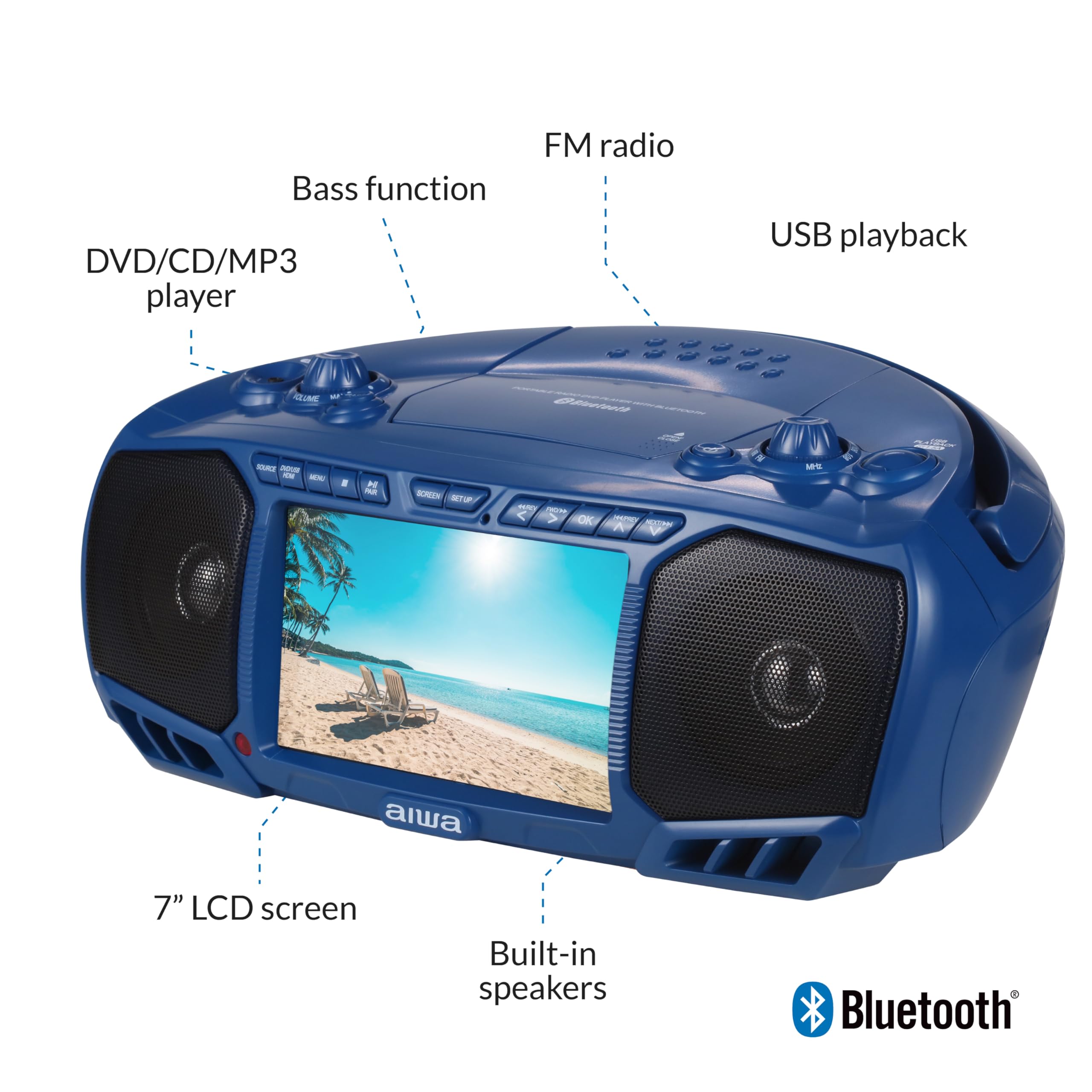 Aiwa Portable Boombox with 3W x 2 Speakers & Bass - Bluetooth, FM Radio, CD/DVD Player - 7