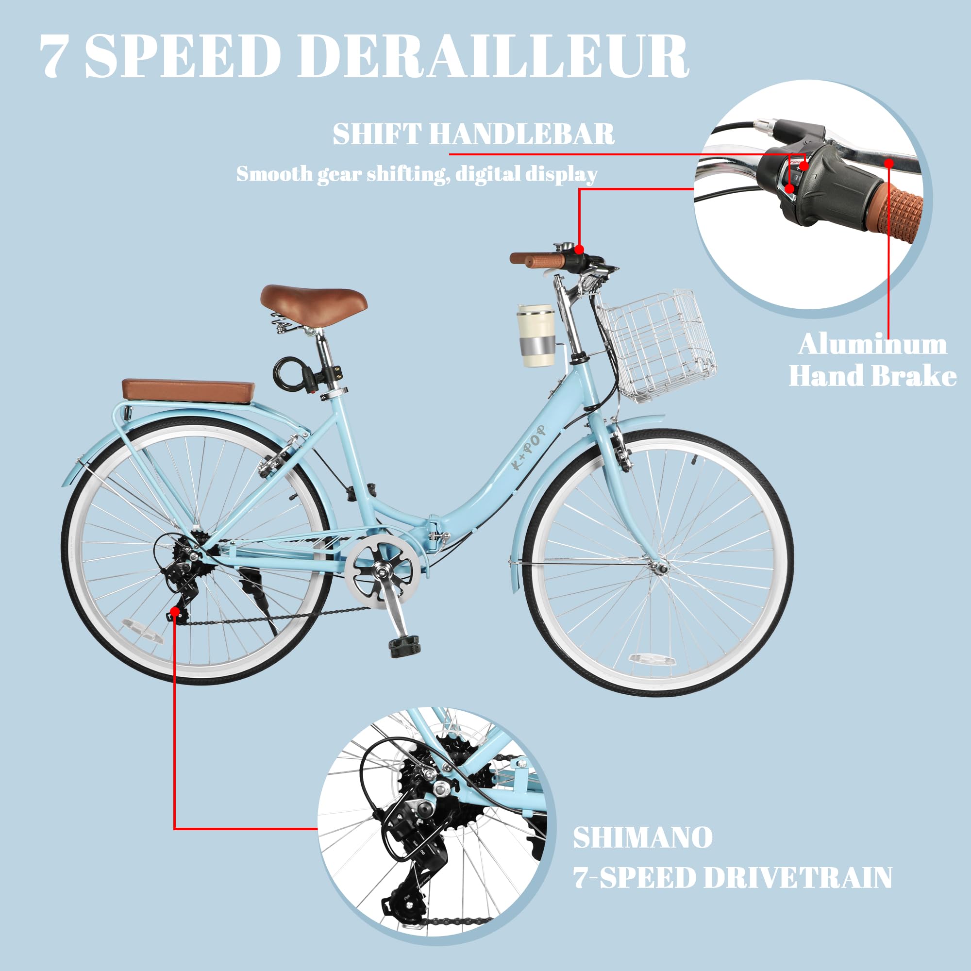 26 Inch Women's Beach Cruiser Bike - 7-Speed Folding Bicycle with Basket & Cup Holder, Steel Frame Commuter Bike for Adults with Dual V-Brakes - Perfect for Beach Rides, City Commuting & Leisure Cycling