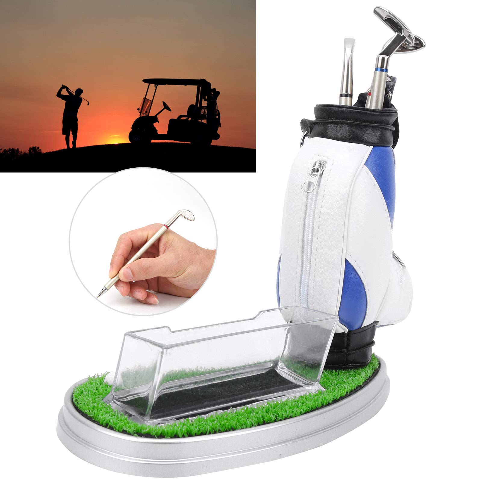 Premium Mini Desktop Golf Bag Pen Holder with Golf Pens & Business Card Box - Golf Themed Office Desk Decor, Unique Gift for Men - Perfect for Golf Enthusiasts, Office Workers & Corporate Gifts