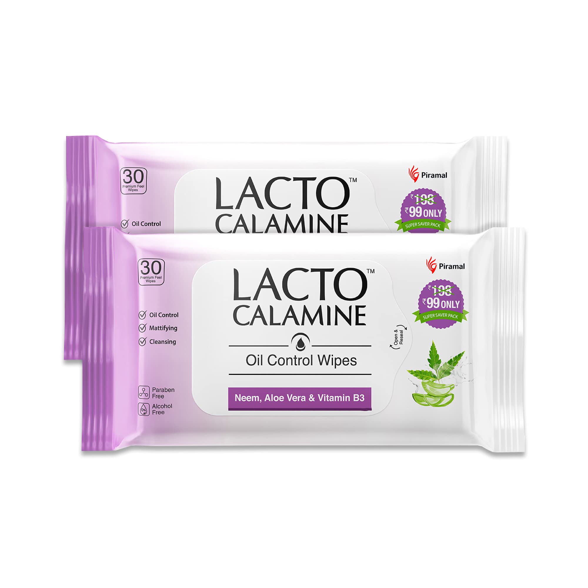 **Lacto Calamine Oil Balance Face Lotion for Oily Skin – 120ml | Oil Control Face Wipes with Neem, Vitamin B3 & Aloe Vera – Paraben & Alcohol-Free – 60 Count (Pack of 2) – Perfect for Travel & On-the-Go Skincare**