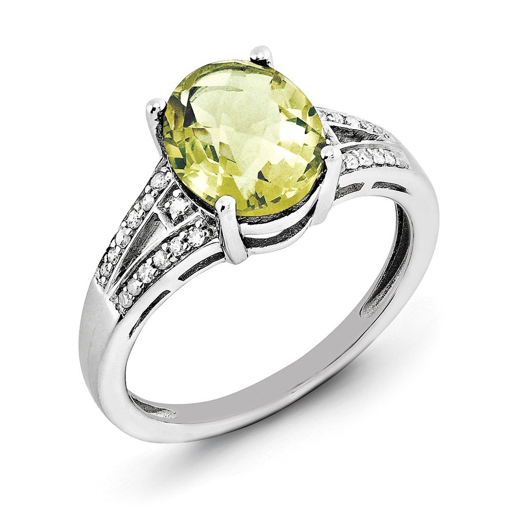 Sterling Silver Rhodium Plated Diamond & Oval Lemon Quartz Ring for Women - Elegant Jewelry Gift for Birthday, Anniversary, Valentine's Day