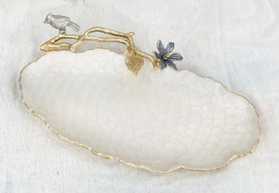 16.75x8 Inch Oval Platter in Gold/Beige with Bird Design - Elegant Serving Tray for Dinner Parties, Holiday Entertaining & Home Decor