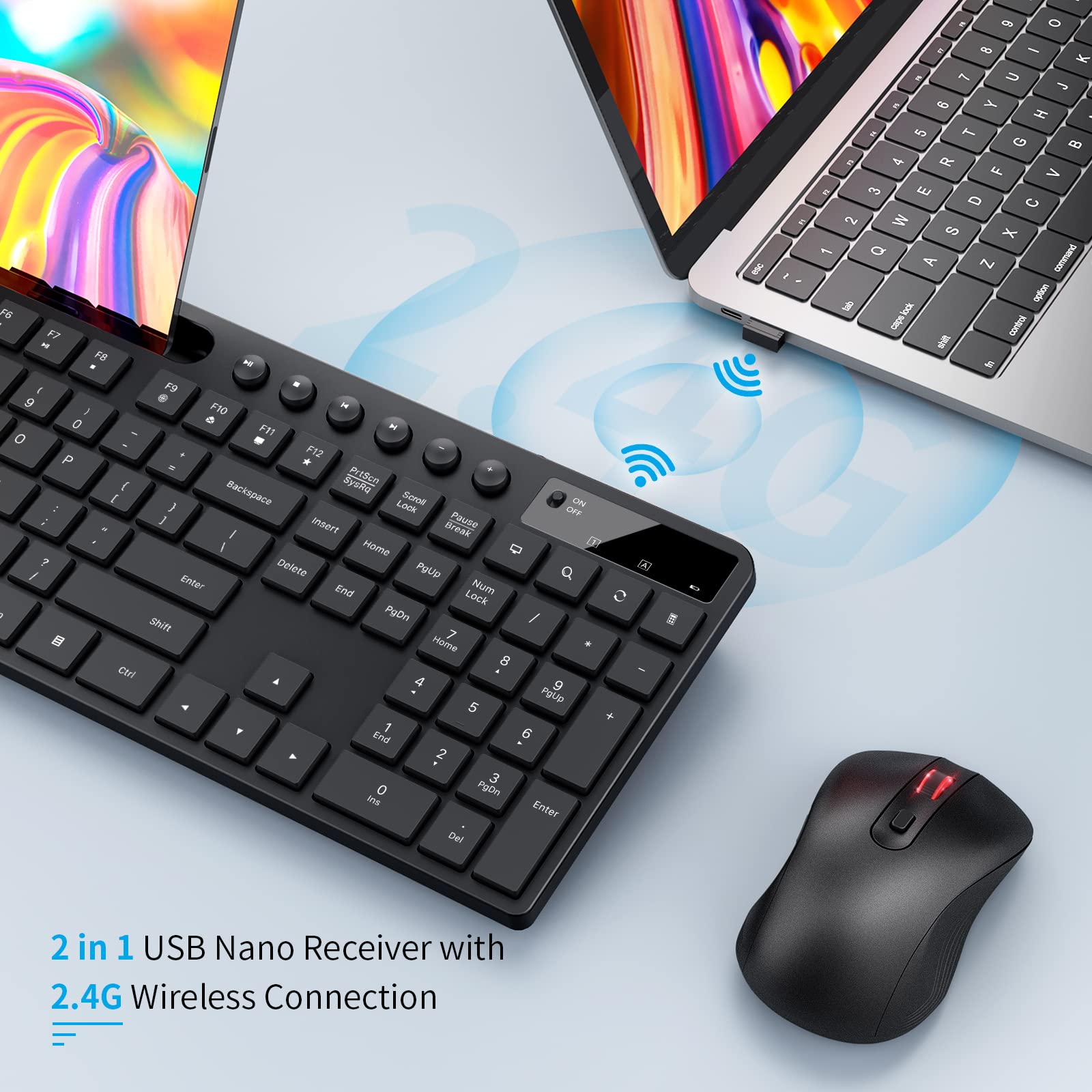 MARVO 2.4G Wireless Keyboard and Mouse Combo - Ergonomic Design with Silent Mouse & Phone/Tablet Holder - Compatible with MacBook & Windows PC (Black) - Perfect for Home Office, Gaming & Remote Work