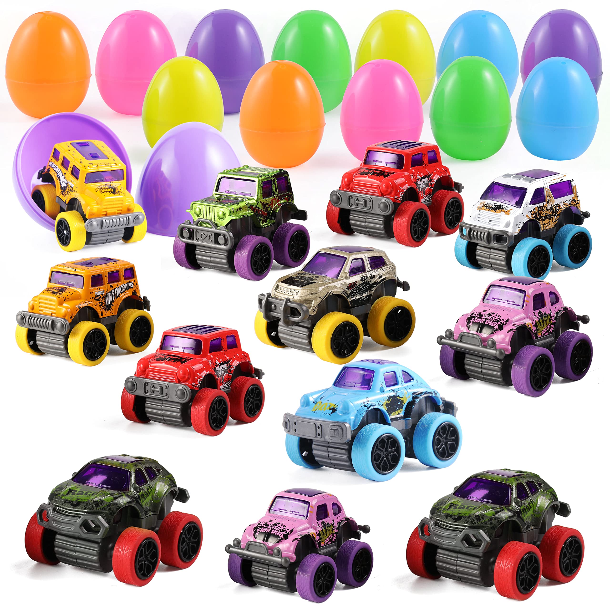 JOYIN 12-Piece Easter Egg Set with Pull-Back Monster Trucks - Fun Easter Basket Stuffers, Egg Hunt Prizes & Classroom Rewards for Kids - Perfect for Easter Parties, School Events & Holiday Gift Giving