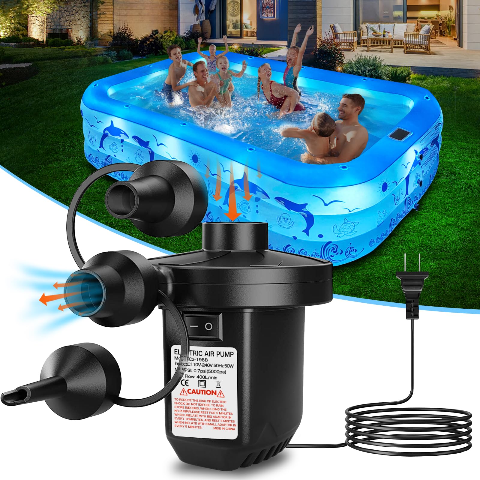 **110V Electric Air Pump for Inflatable Mattress, Pool Floats & Boats - Portable Quick Fill/Deflate Pump with 3 Nozzles - Perfect for Camping, Travel, Beach & Outdoor Activities**