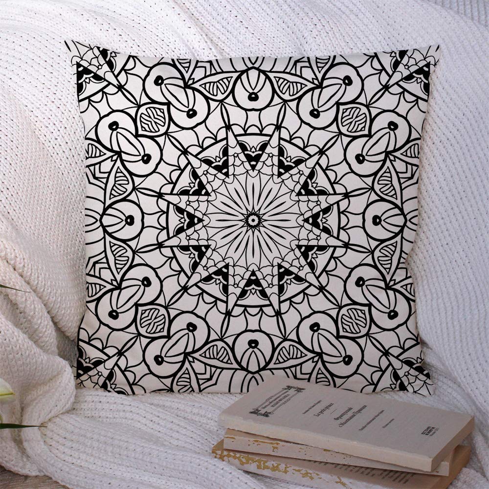 Adult Coloring Zen Square Medallion Tibetan Decorative Throw Pillow Cover - 20x20 Inch Indian Polyester Cushion Case for Sofa, Couch & Bedroom Decor - Perfect for Boho, Meditation & Relaxation Spaces