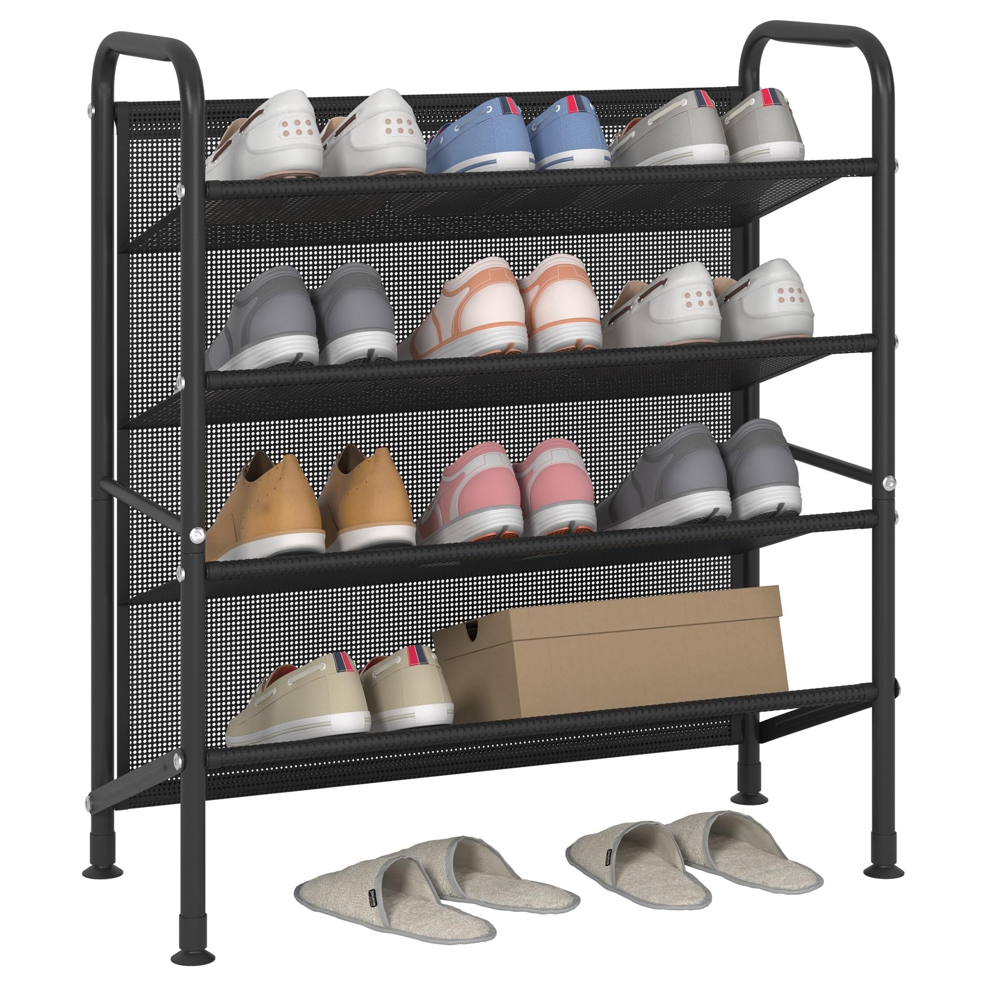 4-Tier Metal Shoe Rack Organizer - Space Saving Narrow Shoe Storage Shelf for Closet, Entryway, Hallway & Dorm Room - Durable Mesh Fabric Design (Black) - Perfect for Small Spaces & Apartment Living