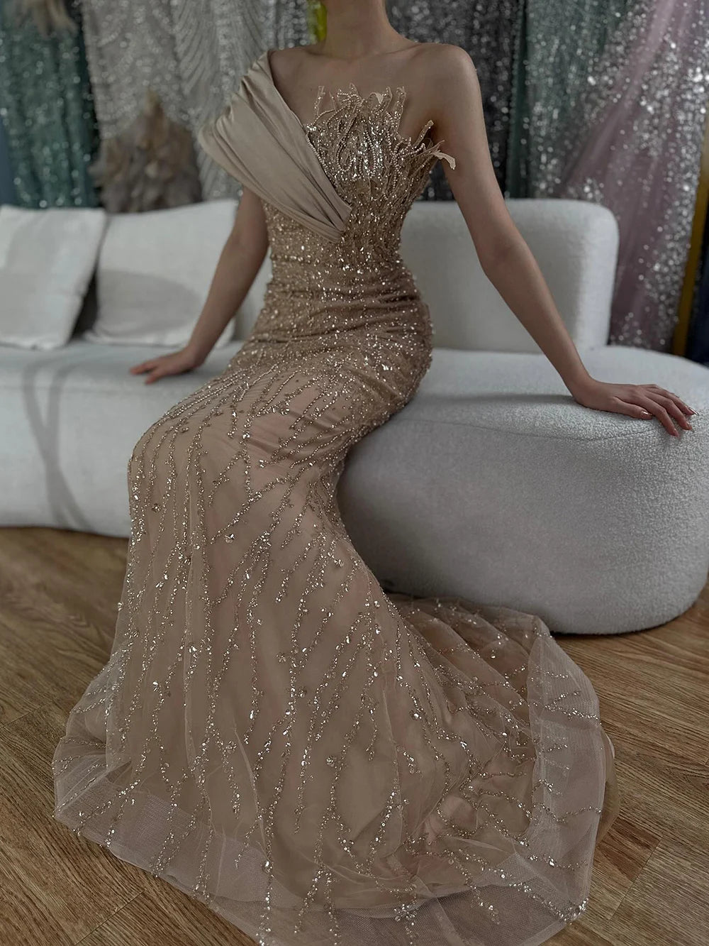 Elegant One Shoulder Beaded Evening Gown - Dubai Inspired Caramel Arabic Dress for Formal Occasions & Special Events - LA72577 | Perfect for Weddings, Galas and Red Carpet Events
