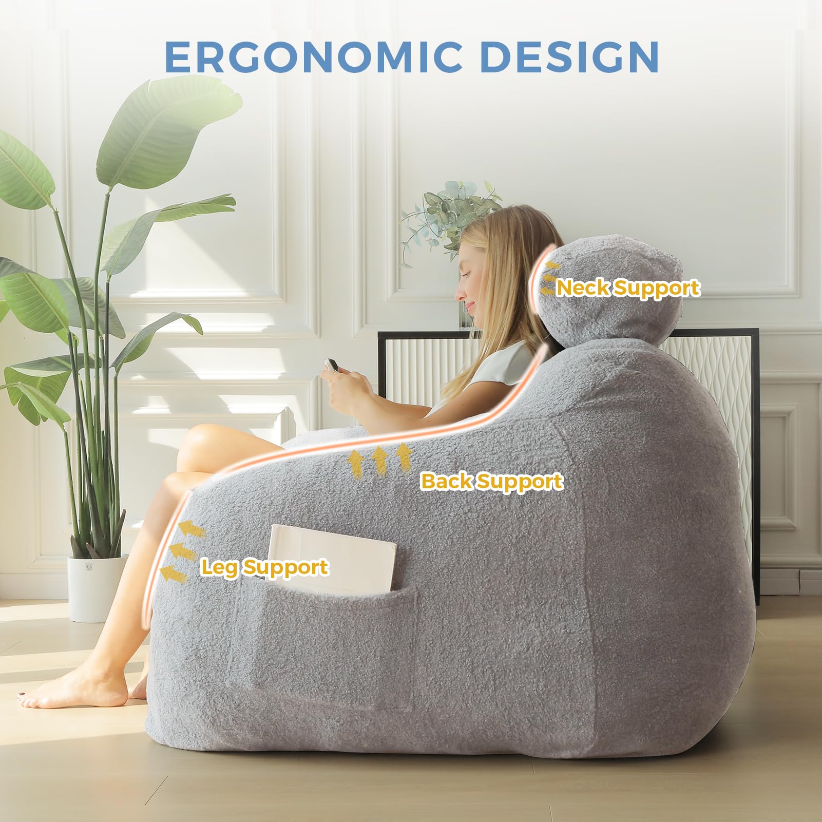 MAXYOYO Oversized Fuzzy Bean Bag Chair with Pillow - Extra Large Comfy Lounger for Adults & Teens - Perfect for Reading Nook, Gaming Room, Movie Night & Dorm Relaxation - Soft Grey Fabric