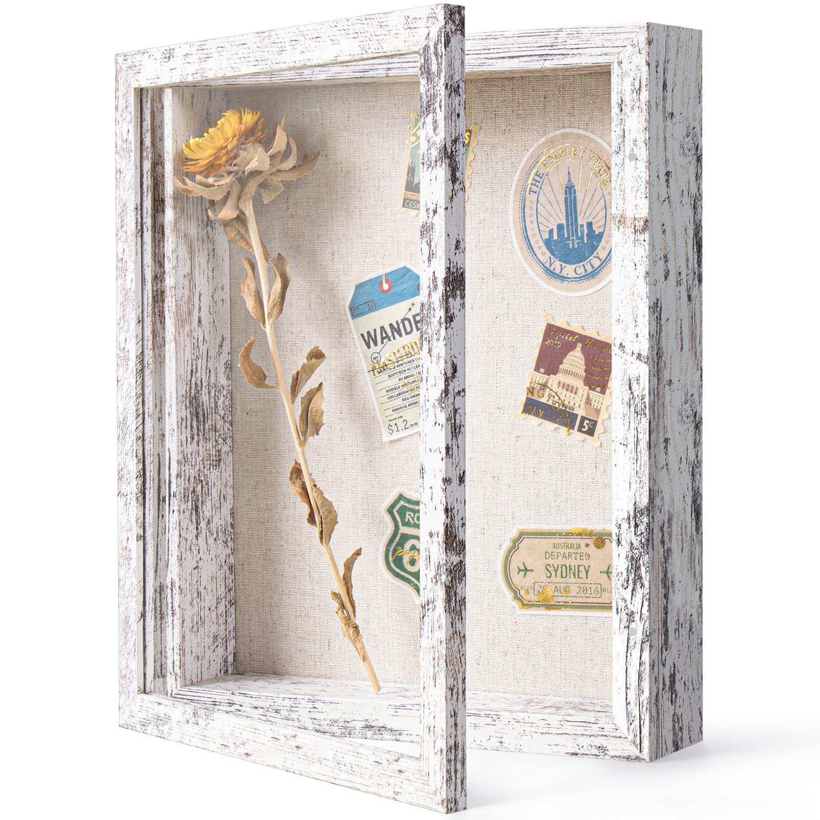 Califortree 8x10 Shadow Box Frame with Linen Back - Real Glass, Push Pins Included, Sturdy Rustic Memory Display Case, Distressed White - Perfect for Wedding Invitations, Baby Keepsakes & Military Memorabilia