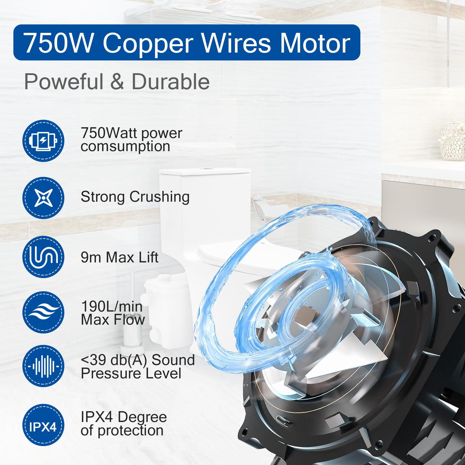 750W Macerator Pump with Stainless Steel Impeller Blades - High Efficiency Sewage Pump for Basement, Kitchen, Bathroom & Bedroom - Wastewater Treatment Pump for Laundry, Sink & Toilet - Ideal for Home, RV and Marine Use