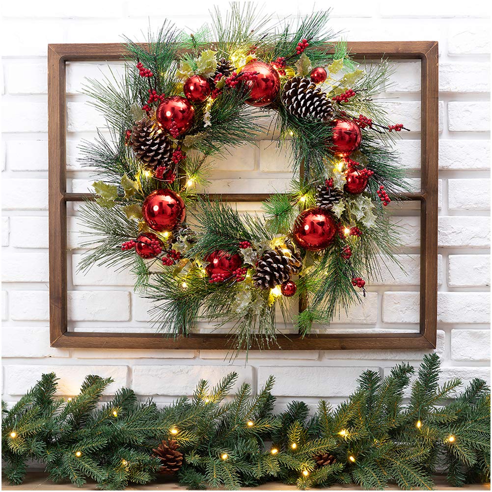 Rustic Farmhouse Wooden Window Frame with LED Pre-Lit Pinecone & Ornament Wreath - Christmas Holiday Decor for Front Door, Wall, Window - Perfect for Xmas Party, Home & Festival Celebration Decorations
