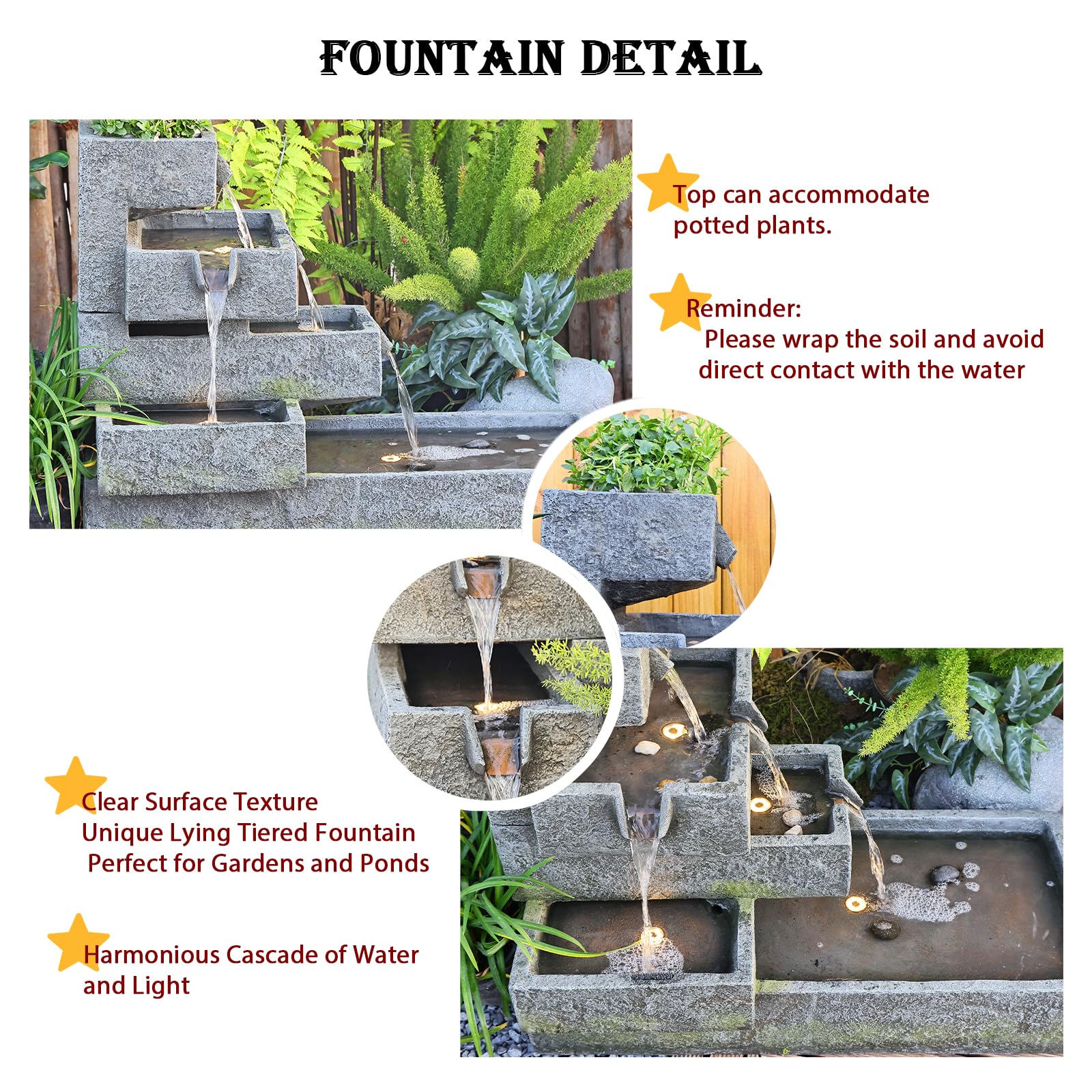 Modern Outdoor Water Fountain with LED Lights - 32.5