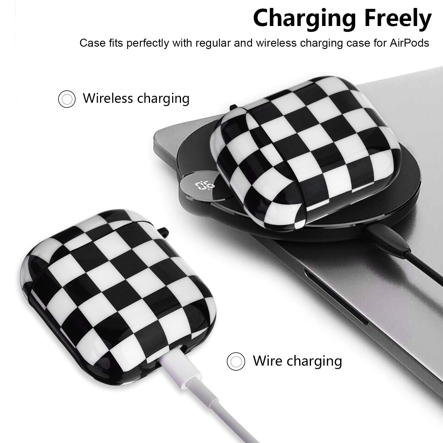 Cute Marble Protective Case Cover with Keychain for Apple AirPods 1/2/Pro - Compatible with Wireless Charging, Stylish Durable Skin for Men & Women (Black White Checkers) - Perfect for Travel, Gym & Daily Use