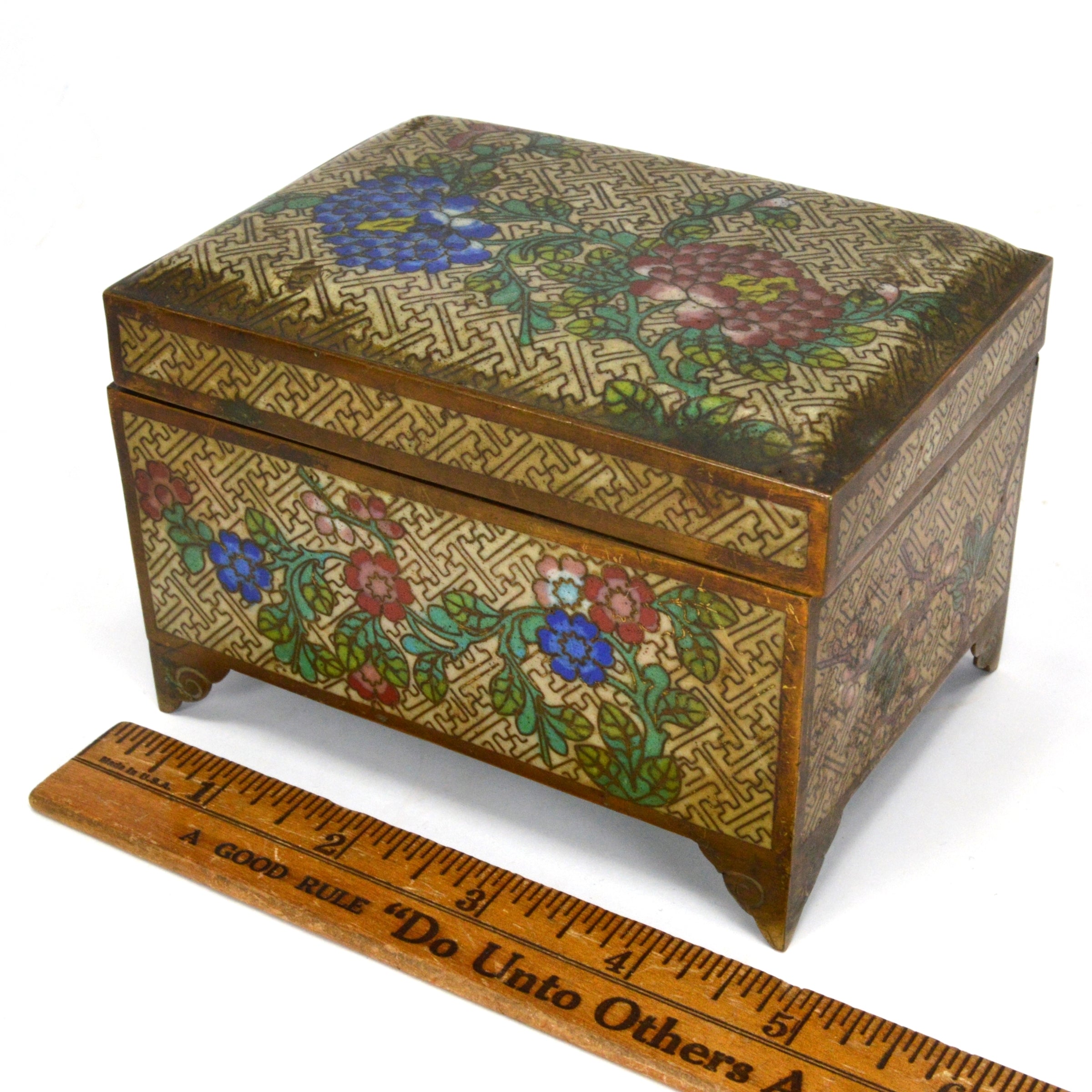 Antique Cloisonne Hinged Jewelry Box with Floral Design - 3x5x3 Inches - Brass/Bronze Footed Trinket Box for Home Decor, Gift, or Storage | Perfect for Jewelry, Keepsakes, and Collectibles