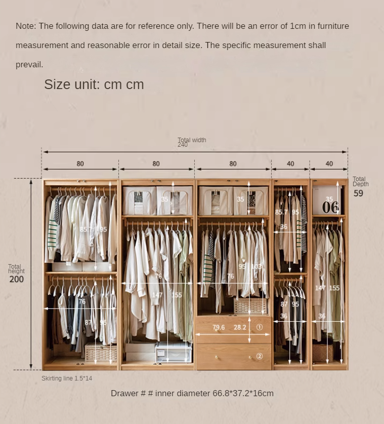 Oak Solid Wood Modular Wardrobe with Rattan Doors - Customizable Closet Storage for Bedroom & Living Room Organization