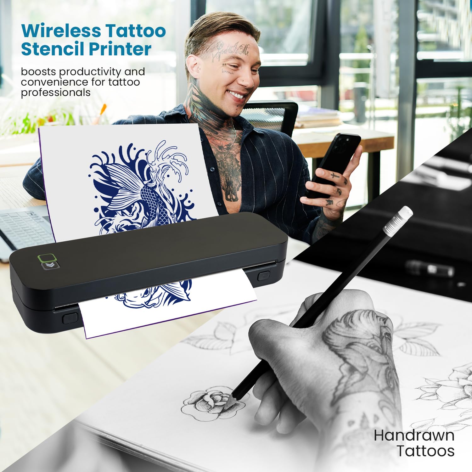 Bluetooth Thermal Tattoo Stencil Printer Machine - Wireless Tattoo Transfer Printer for iOS/Android & PC - Includes 10pcs Black Transfer Paper - Perfect for Professional Tattoo Artists & Home Studios