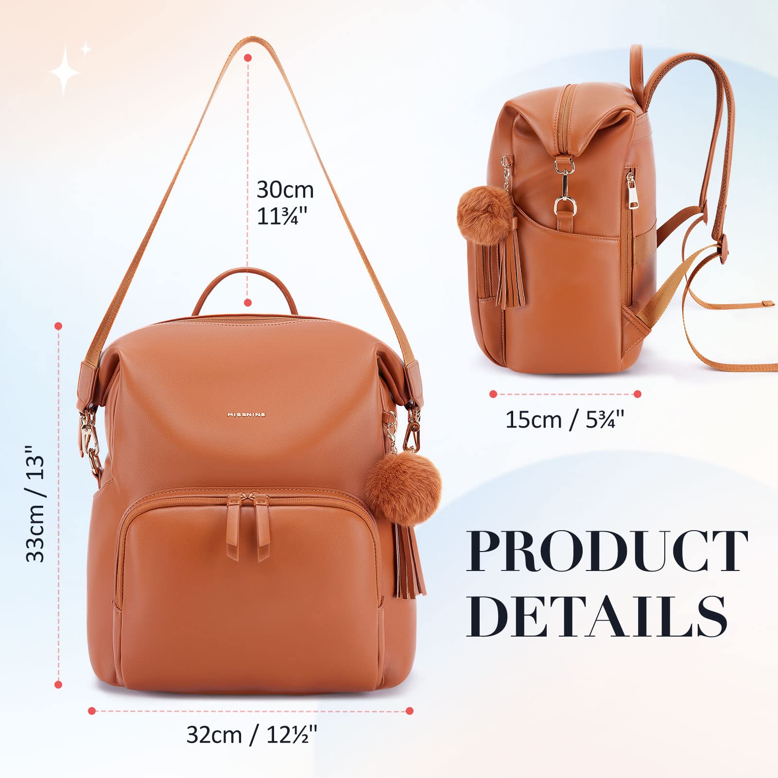 Missnine Women's Fashion Leather Backpack - Stylish Large College Travel Backpack with Tassel, Brown | Perfect for Work, School & Weekend Getaways