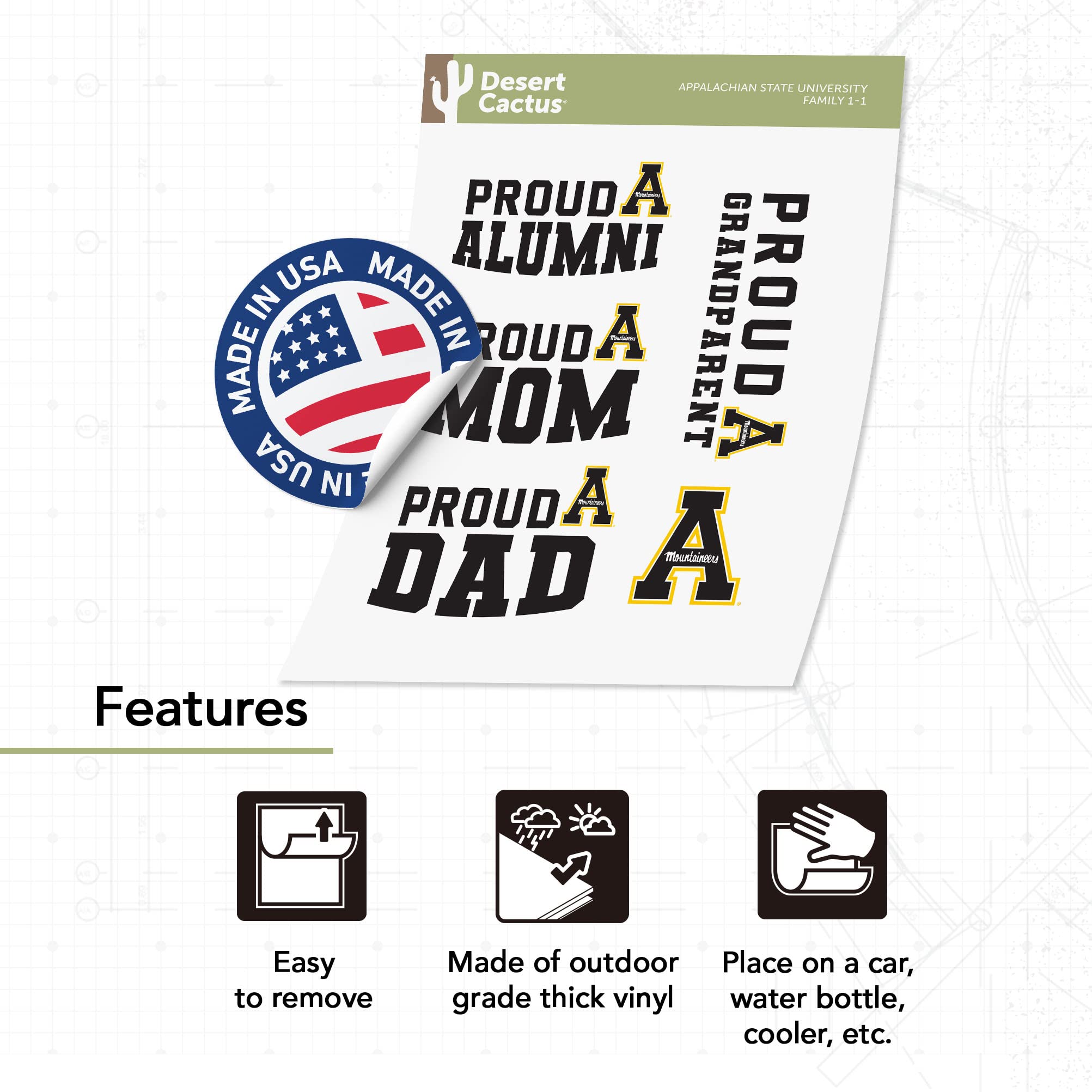 Desert Cactus Appalachian State University Sticker Vinyl Decal - Waterproof Laptop, Water Bottle, Car, Scrapbook Decor - Family Full Sheet - Perfect for College Dorm, Office, DIY Crafts & Gifts