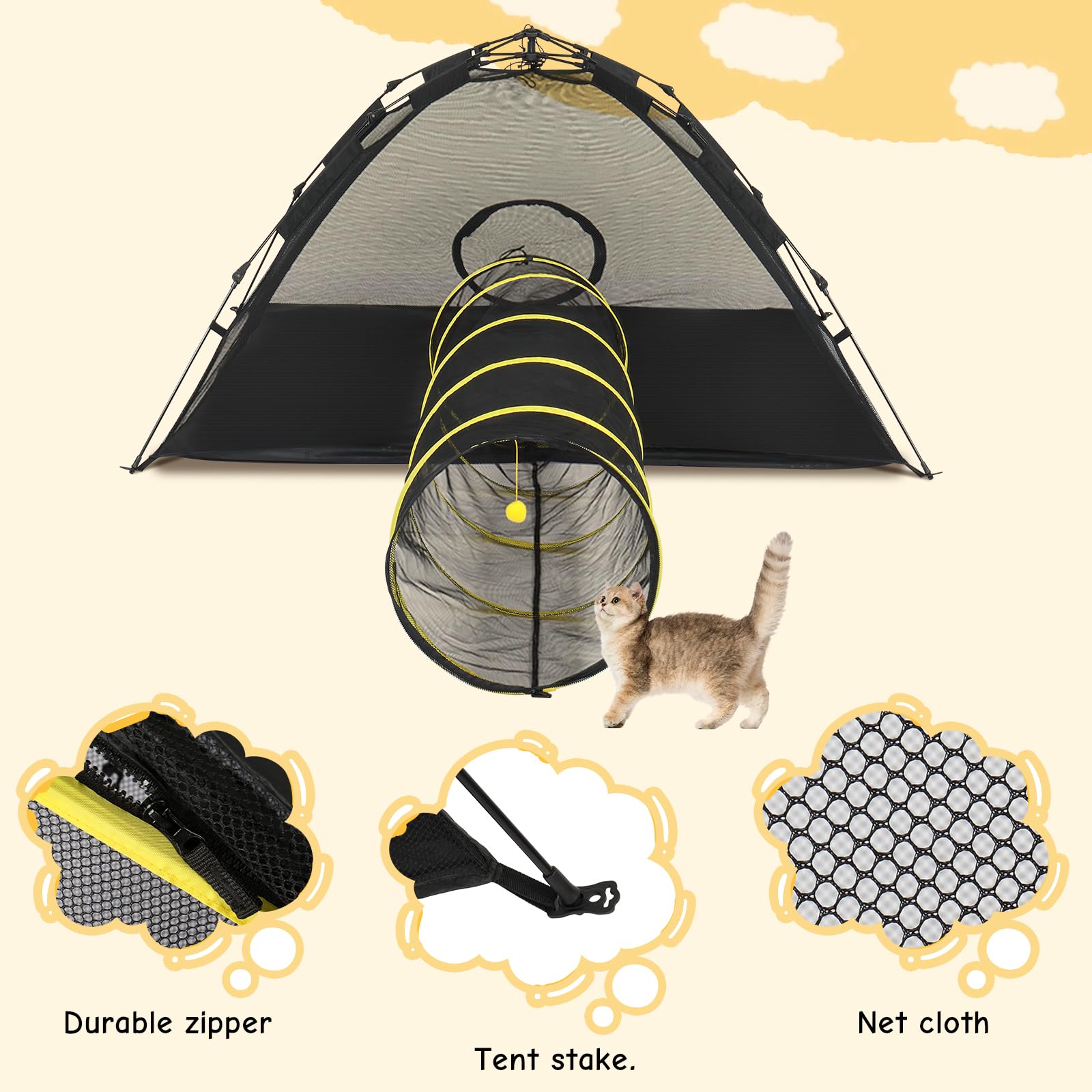 Portable Cat Play Tent with Tunnel for Indoor & Outdoor Use - Enclosed Playhouse for Cats, Rabbits & Small Pets (Yellow) | Perfect for Backyard, Camping & Travel Adventures