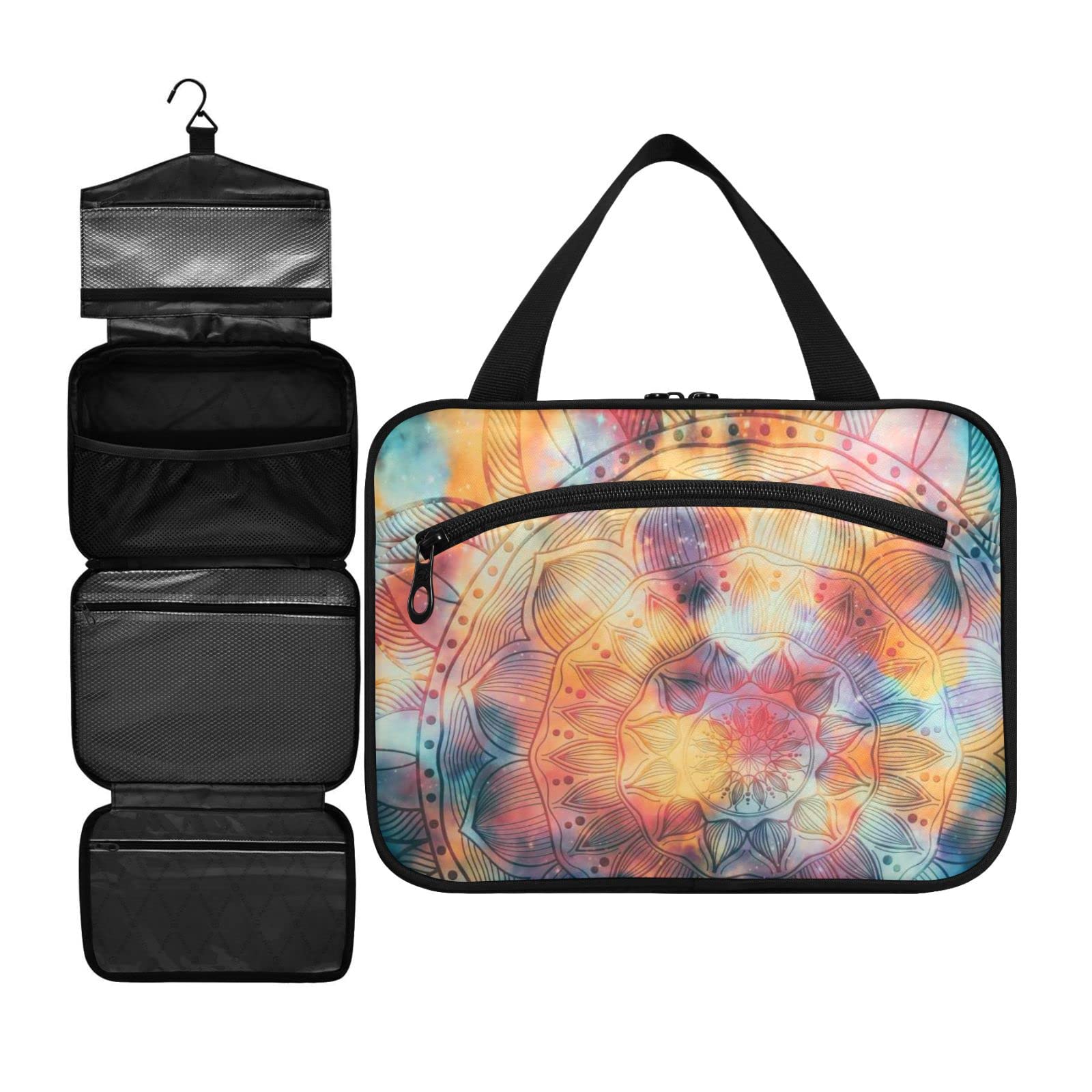 ZZKKO Retro Mandala Toiletry Bag for Women - Hanging Travel Cosmetic Organizer (Multicolor) - Perfect for Makeup & Accessories on the Go