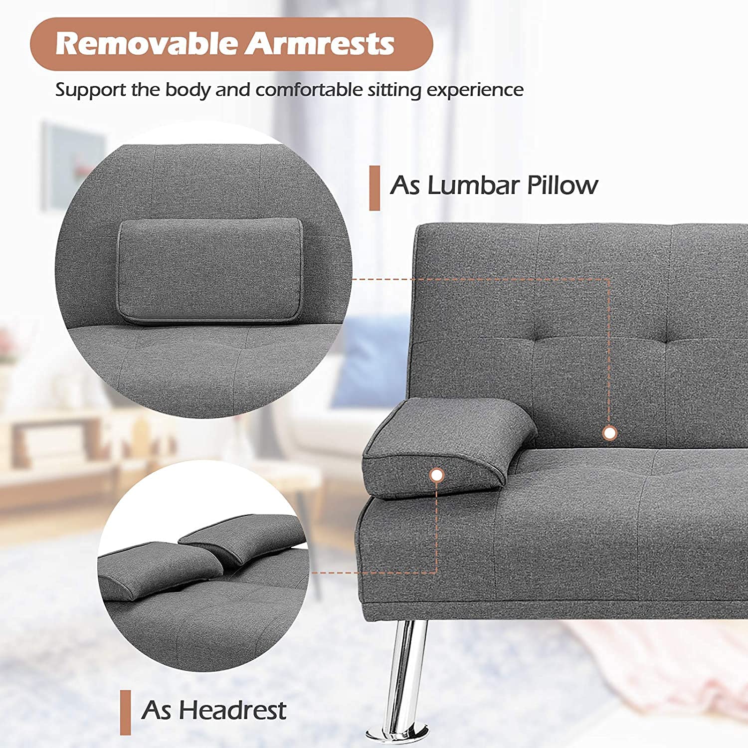Moccha Folding Futon Sofa Bed - Convertible Couch with Metal Legs & Linen Upholstery, Full Size Sleeper Sofa for Small Spaces, Apartments, Dorms, Guest Rooms - Light Grey | Space-Saving Multi-Functional Furniture for Living Room, Bedroom or Office
