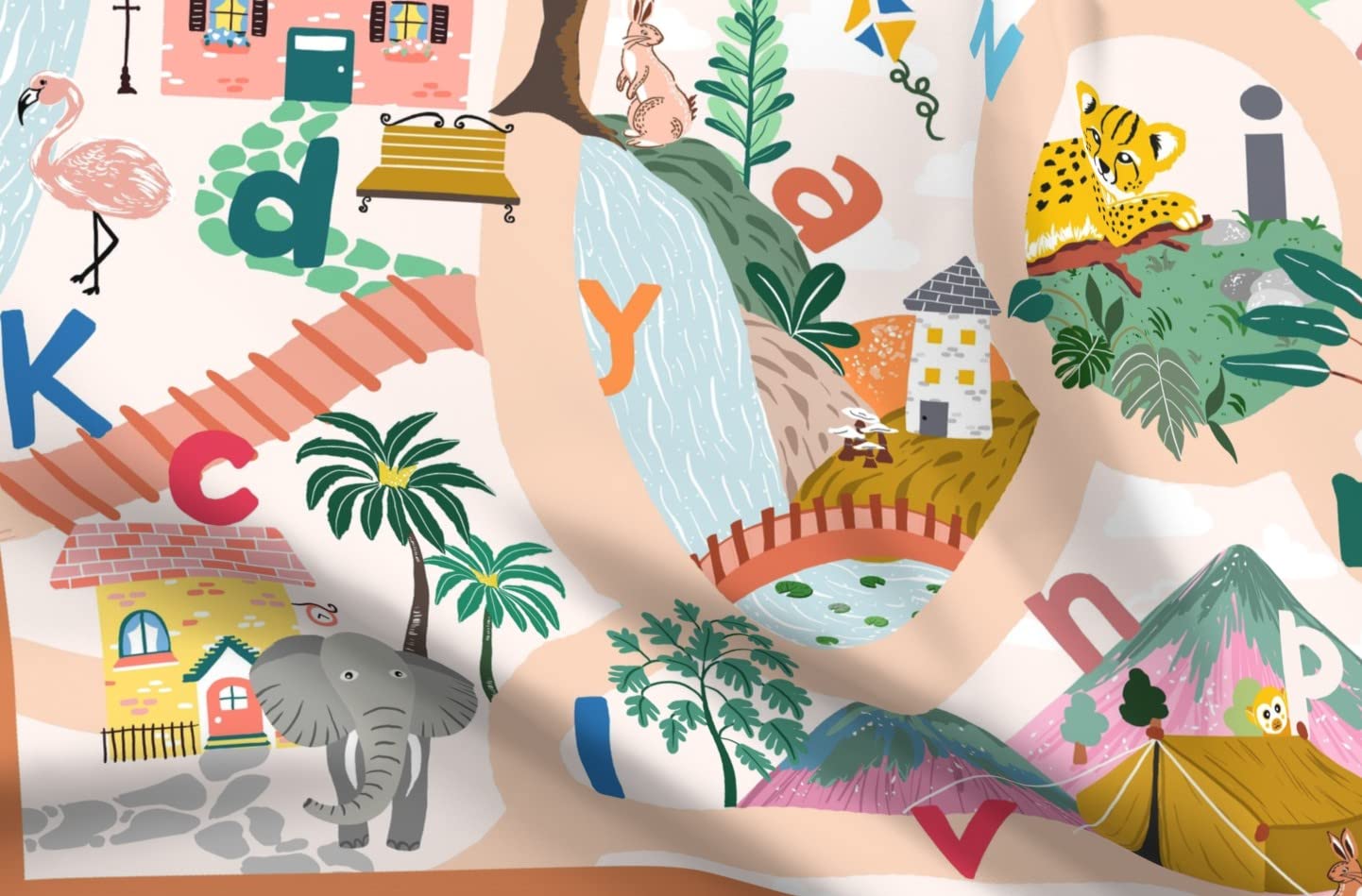 Jungle Animal Alphabet Play Mat - Printed Satin Fabric for Sewing & Decor