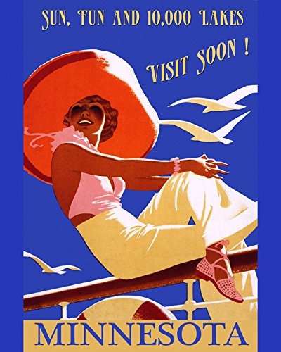 16x20 Inch Minnesota Sun Fun & 10,000 Lakes Vintage Travel Poster - American Lady Tourism Wall Art for Home & Office Decor - Perfect for Framing & Gifts