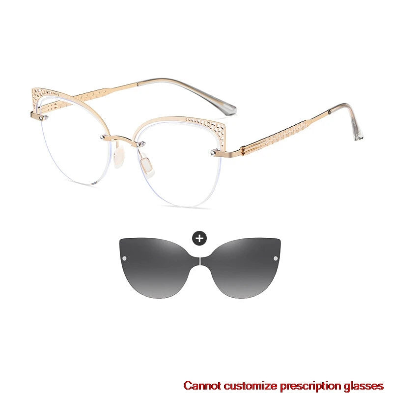 CCSpace Women's Full Rim Oval Cat Eye Alloy Eyeglasses with Clip-On Sunglasses - Fashionable Retro Frame for Work, Driving & Outdoor Activities (Model 302035)